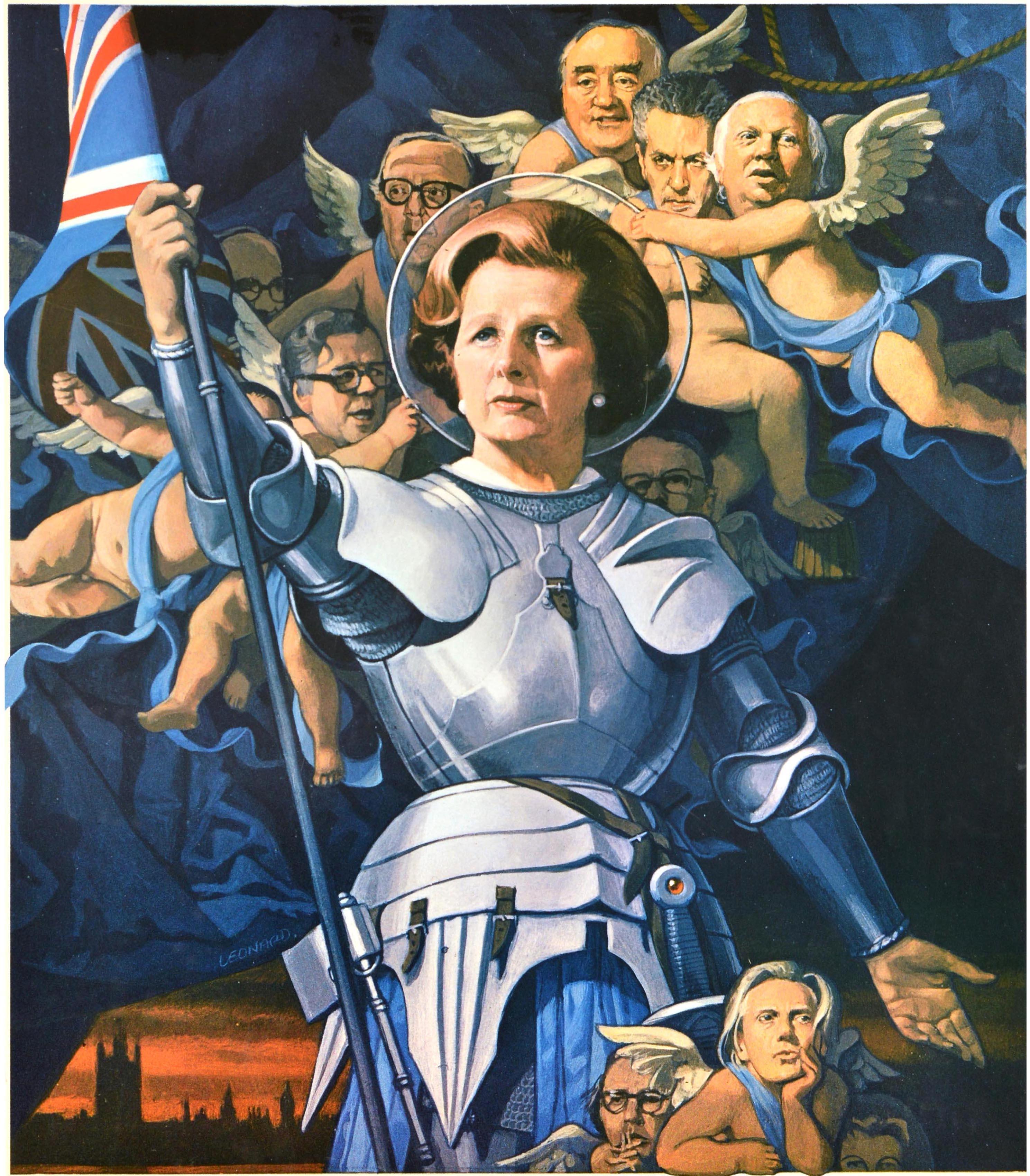 Affiche publicitaire originale d'actualité politique - Sunday Times Her First Year - publiée par le Sunday Times à l'occasion de la première année de mandat de Margaret Thatcher. La caricature de Michael Leonard (1933-2023), inspirée de la Jeanne