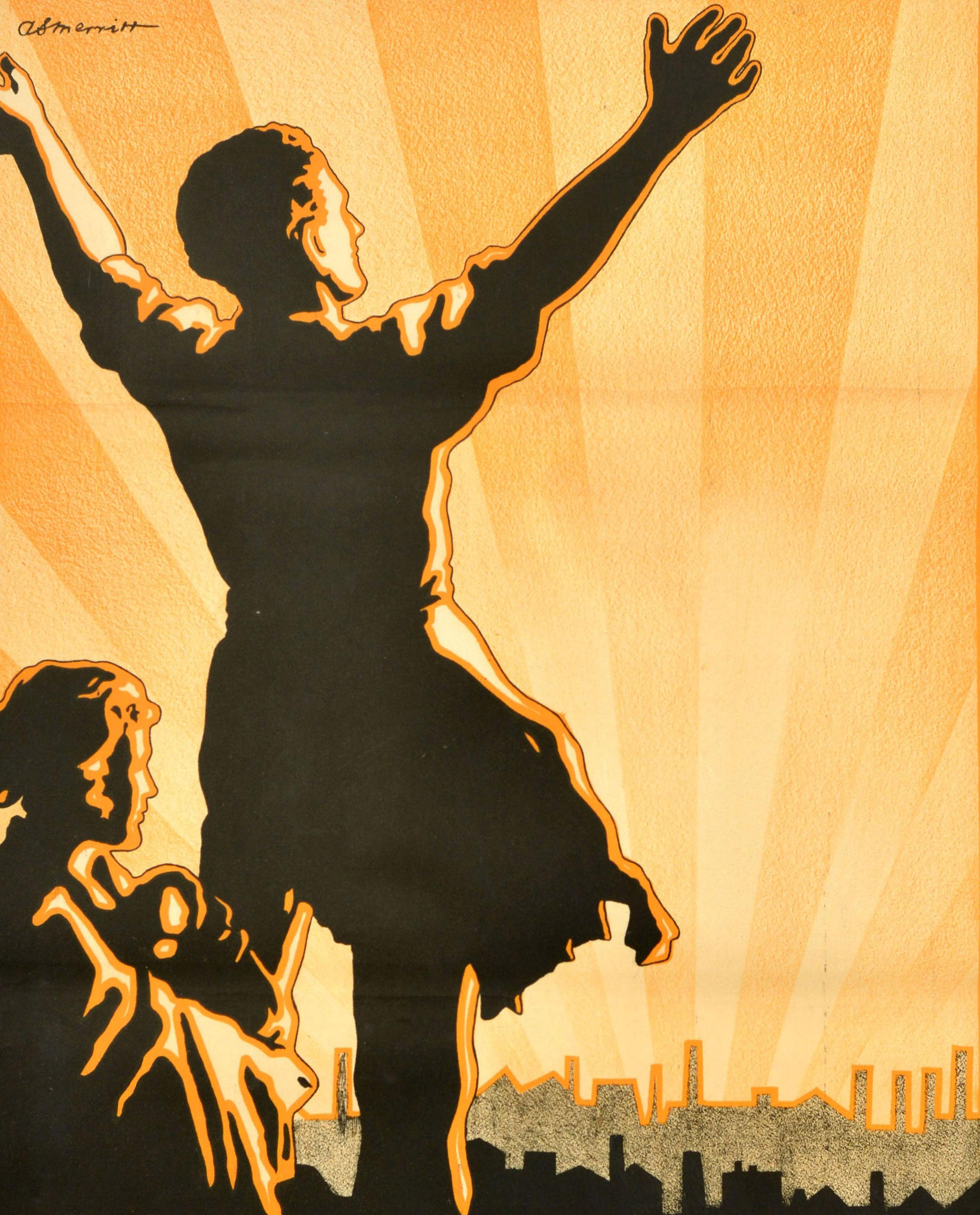 Original vintage political propaganda poster for the 1929 United Kingdom general election - Greet the Dawn: Give Labour It's Chance - featuring an illustration of a man with his arms open wide and a lady behind him, both facing the sunrise with sun