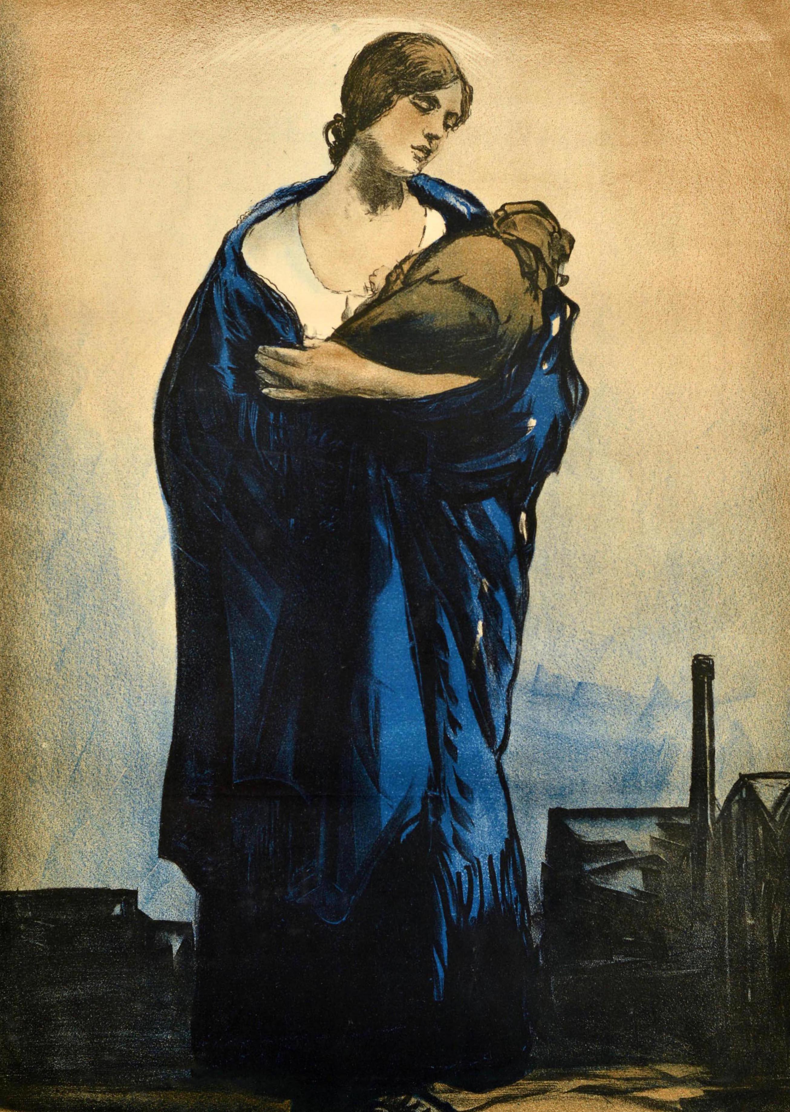 Original vintage political propaganda poster for the 1929 United Kingdom general election - Mothers Vote Labour - featuring an illustration of a lady holding a young child in her arms against a dark background with factories on the side, the bold