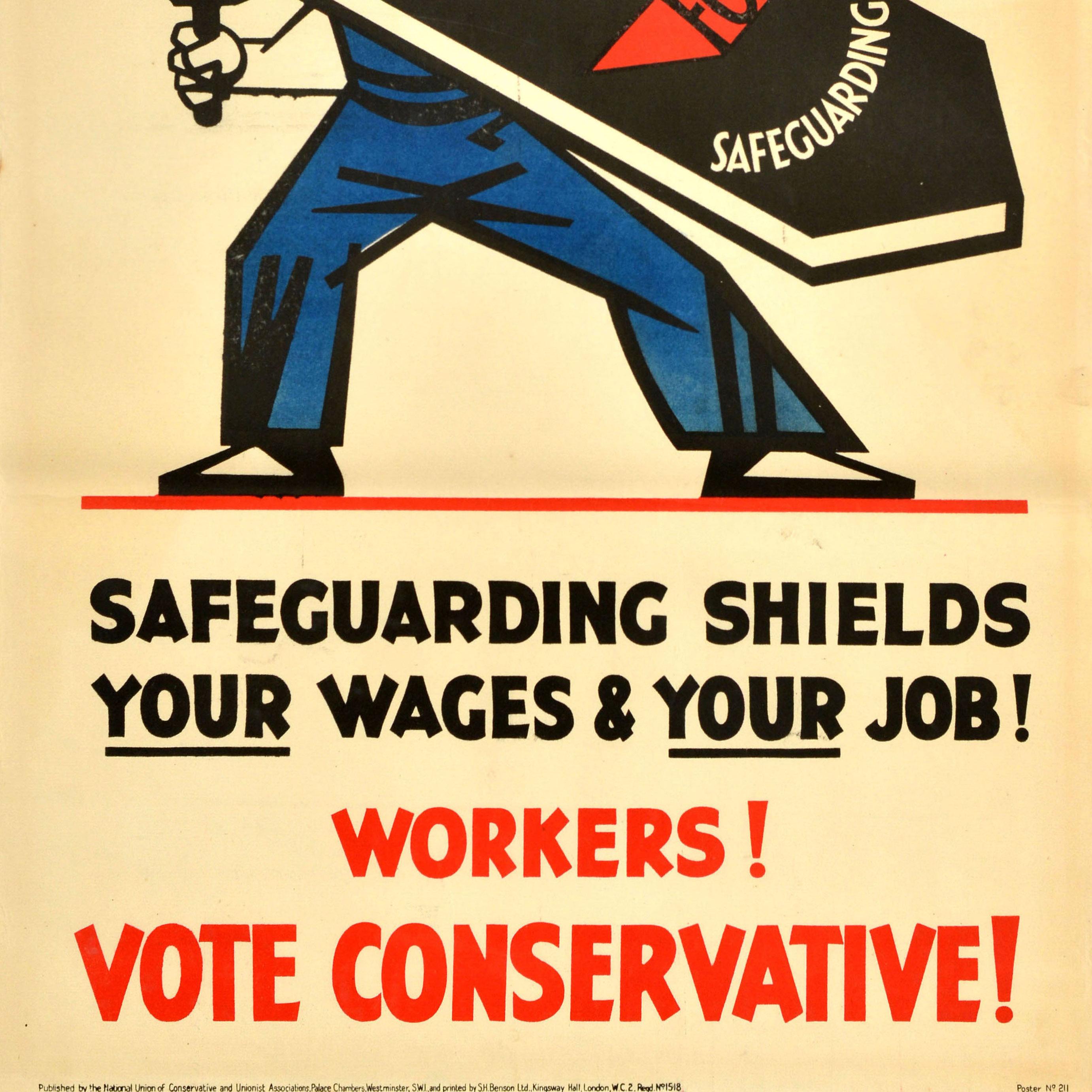 Poster originale di propaganda politica d'epoca  Salvaguardia dei lavoratori conservatori In condizioni buone in vendita a London, GB