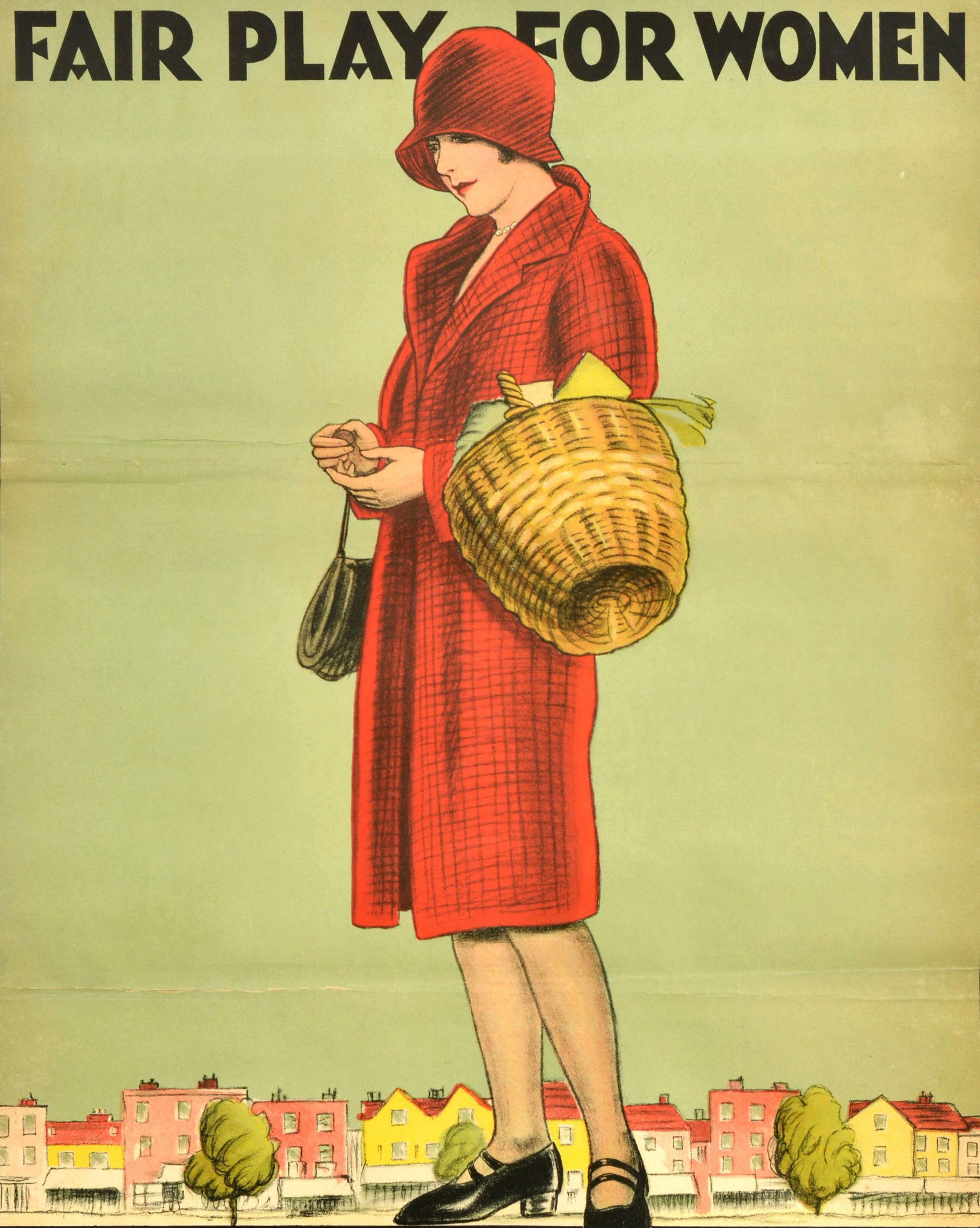 Original vintage political propaganda poster for the 1929 United Kingdom general election - Fair Play For Women Vote Liberal - featuring an illustration of an elegantly dressed lady in a red hat and coat carrying a handbag and a shopping basket and