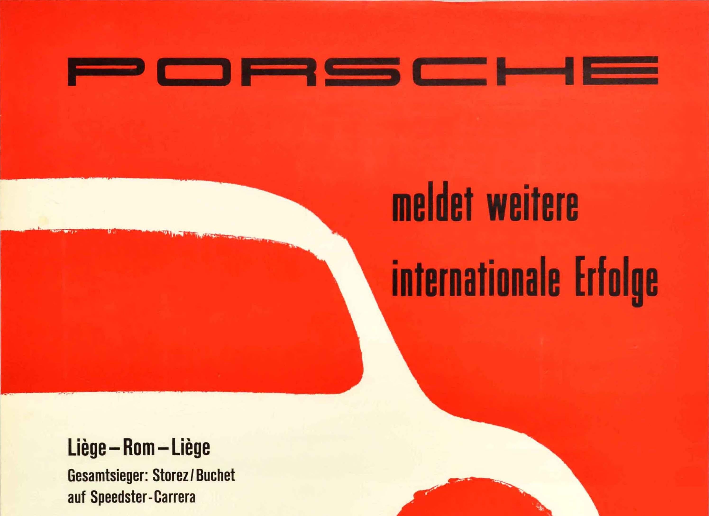 Original vintage advertising poster celebrating the success of Porsche cars - Porsche meldet weitere internationale Erfolge / reports further international successes - featuring a white and black shape of a Porsche car set over a red background with