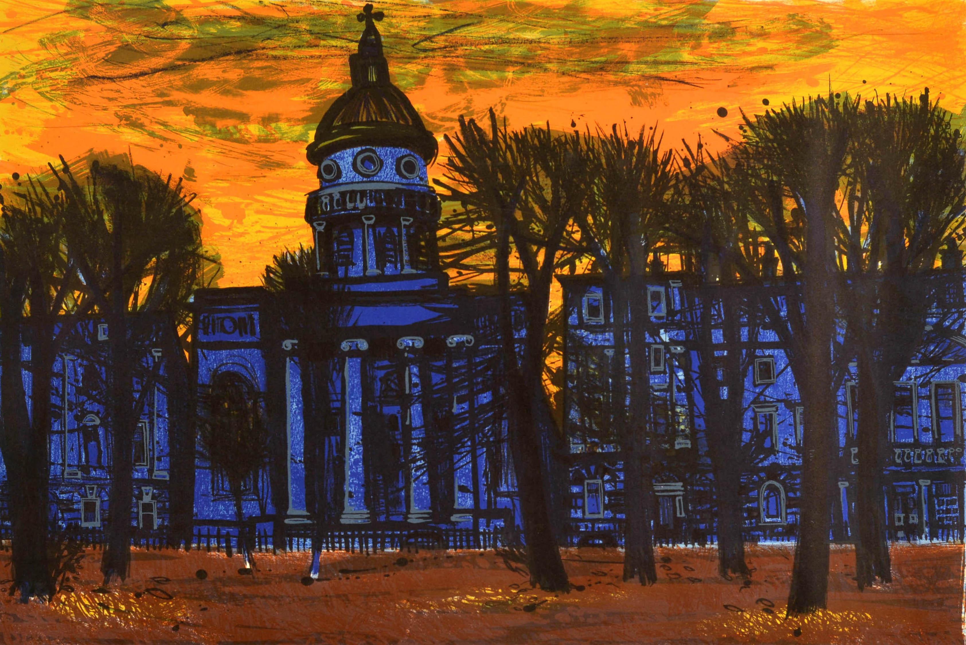 Original vintage post office advertising poster featuring a great artwork by a Scottish artist Margery Clinton (1931–2005) depicting a building behind the trees with yellow and orange skies above, the caption below the image reads - Correct Address: