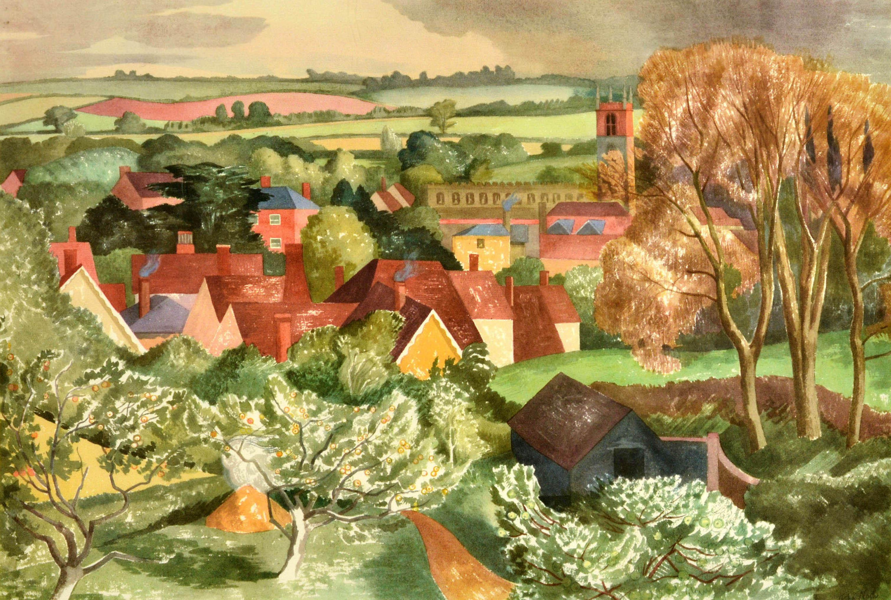 Original vintage post office advertising poster featuring a great artwork by a British artist John Nash (1893-1977) depicting a quaint village with red-roofed houses, the caption below the image reads - Nayland in Suffolk but Correct Postal Address: