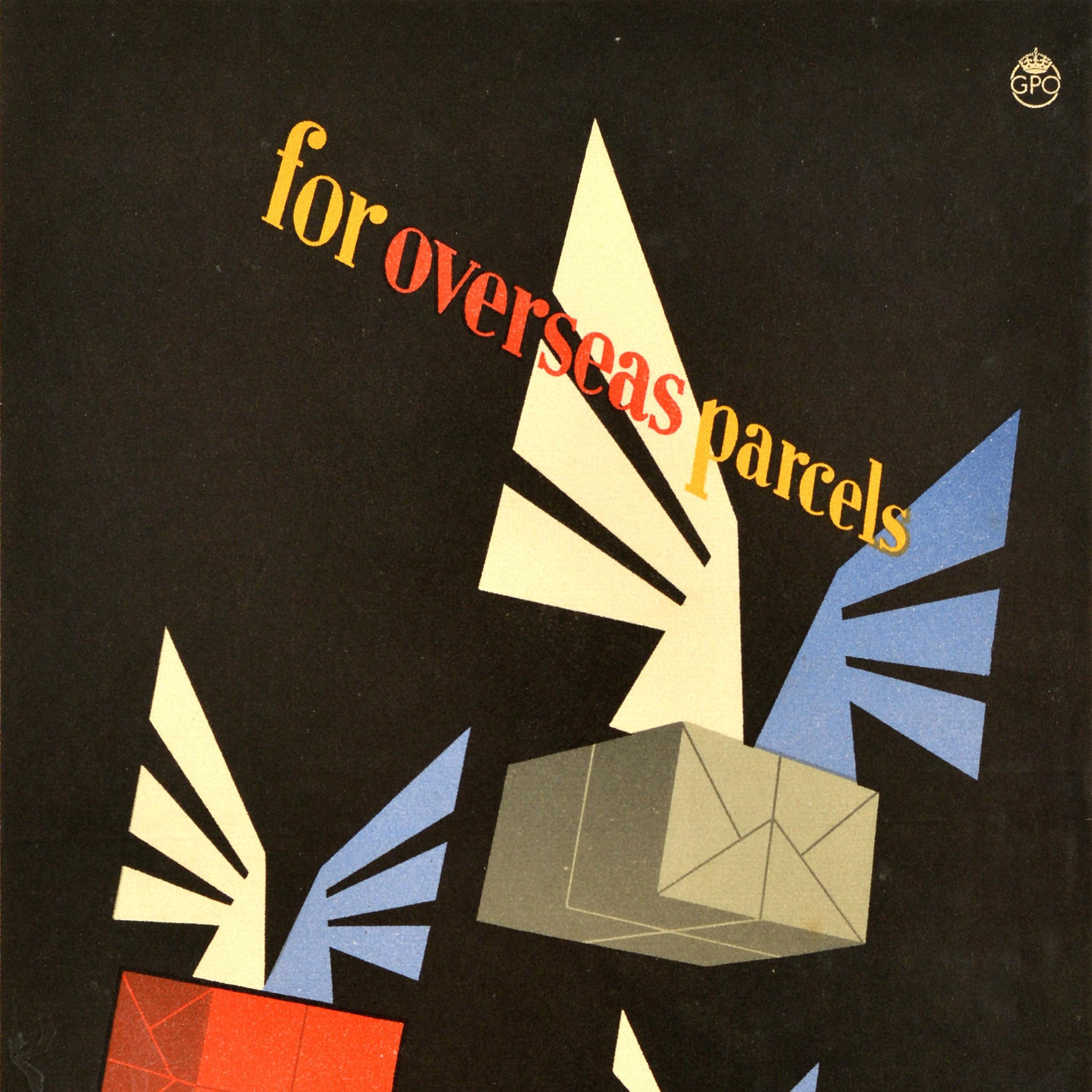 Europeo Poster pubblicitario originale delle Poste d'epoca Pacchi all'estero più veloci per via aerea in vendita