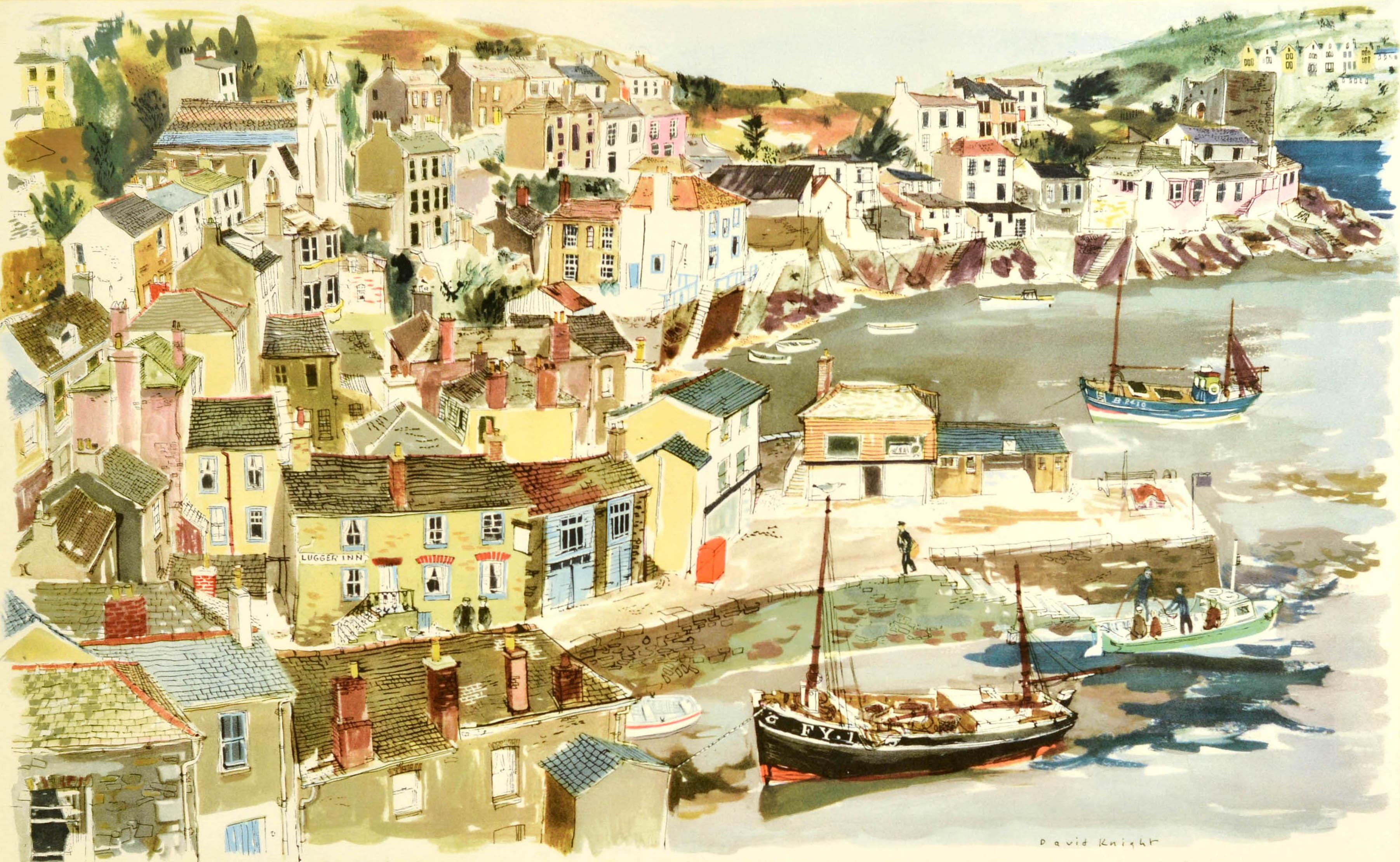 Original vintage post office advertising poster featuring a great artwork depicting buildings on the shore with boats at the pier, the caption below the image reads - Correct Address: Polruan, Fowey, Cornwall. Please use your correct address. GPO -