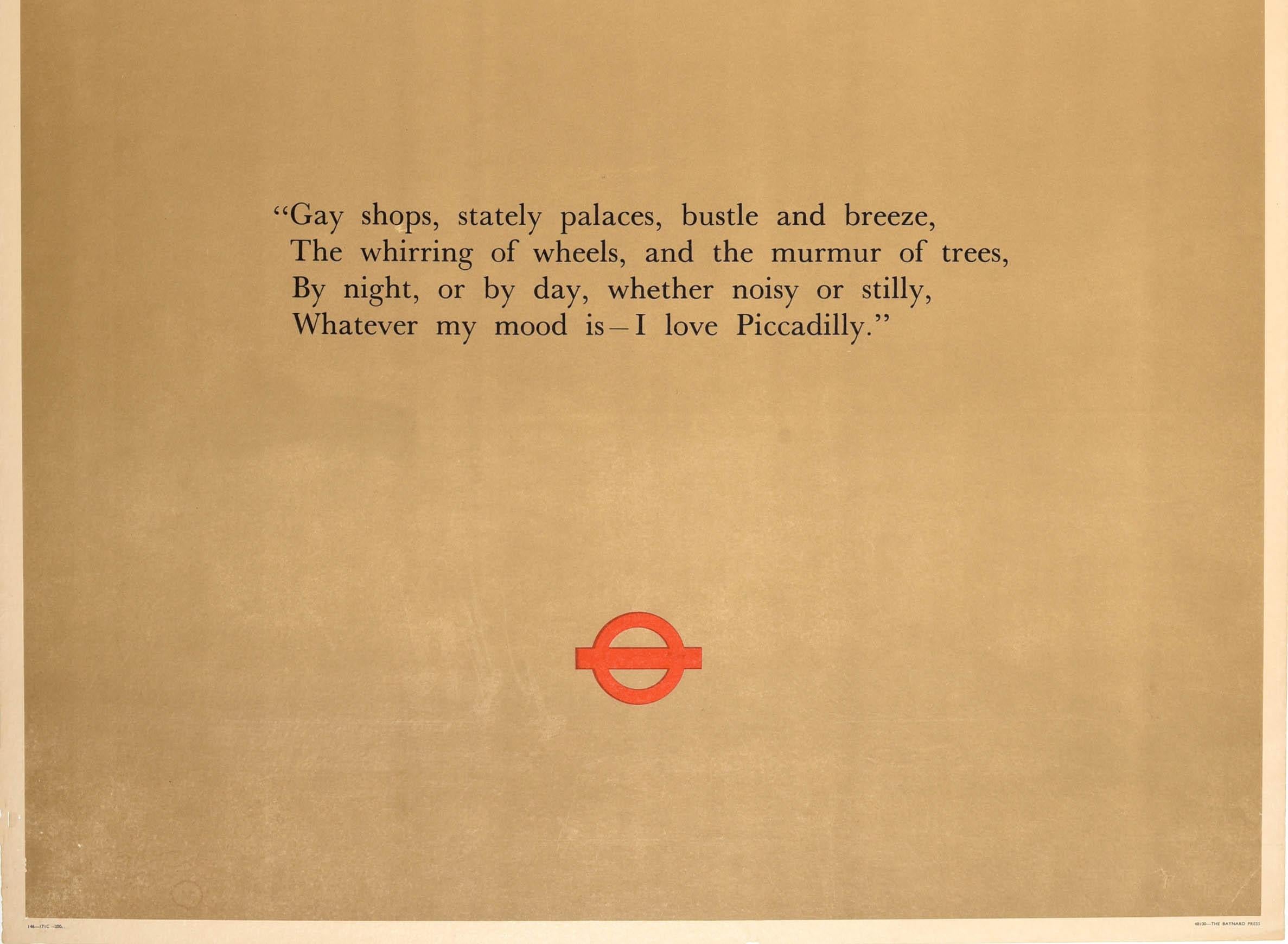 Mid-20th Century Original Vintage Post War London Underground Transport Poster Piccadilly Circus For Sale