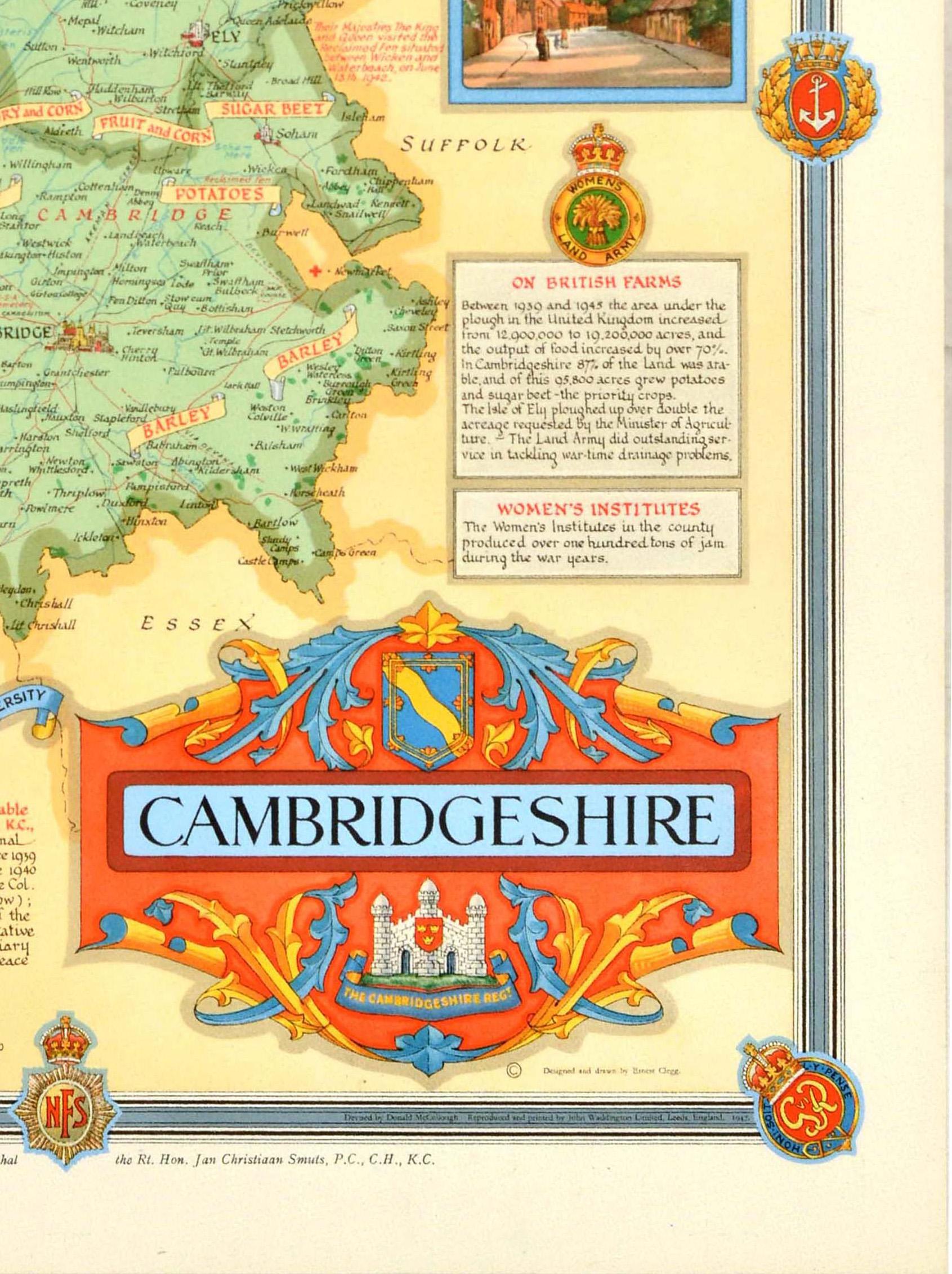 Metà XX secolo Poster cartografico originale del secondo dopoguerra Cambridgeshire WWII Ernest Clegg in vendita