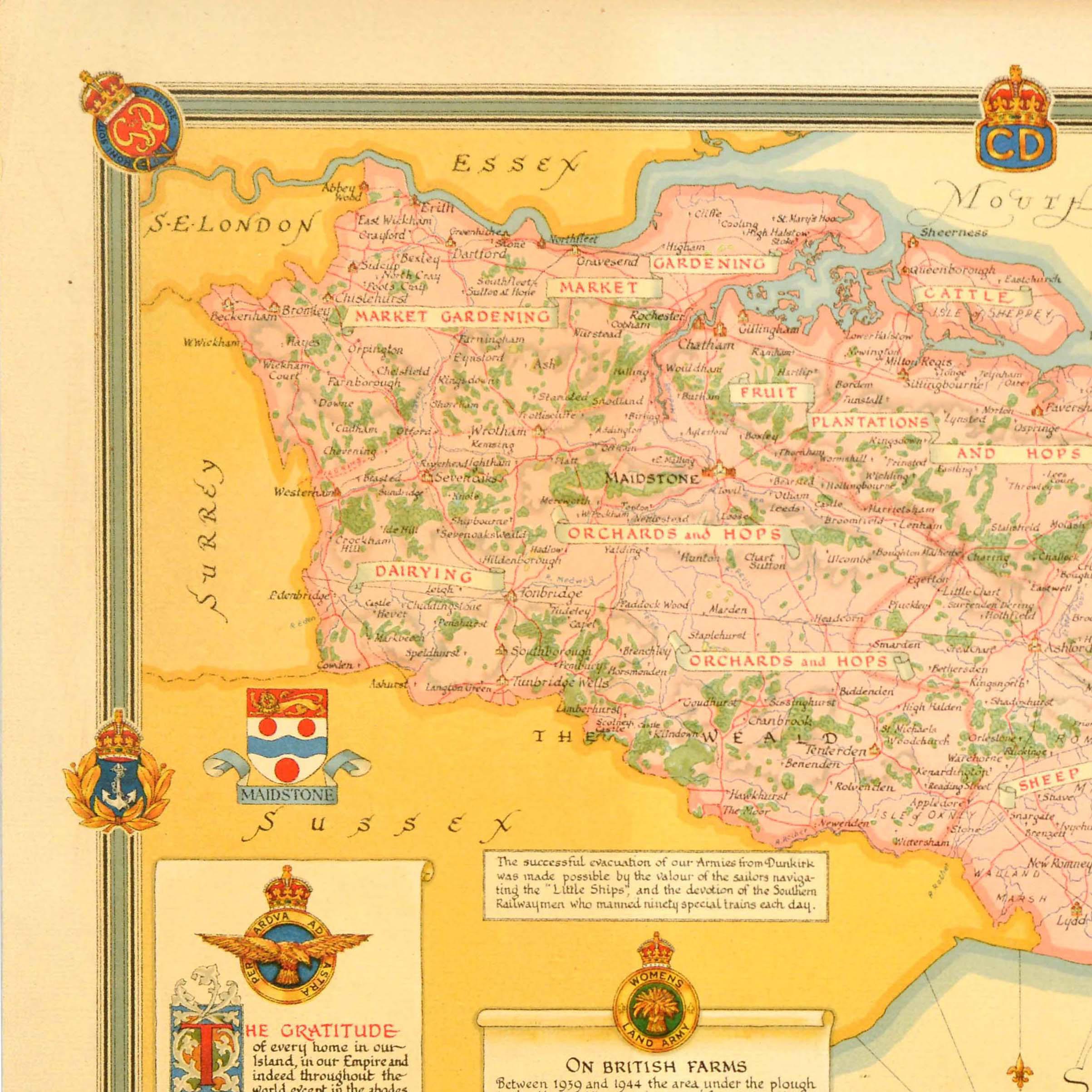 Poster cartografico originale del periodo successivo alla Seconda Guerra Mondiale per la Battaglia d'Inghilterra del Kent 1940-1941 con un disegno colorato di Ernest Costain Clegg (1876-1954) della contea nel sud-est dell'Inghilterra con