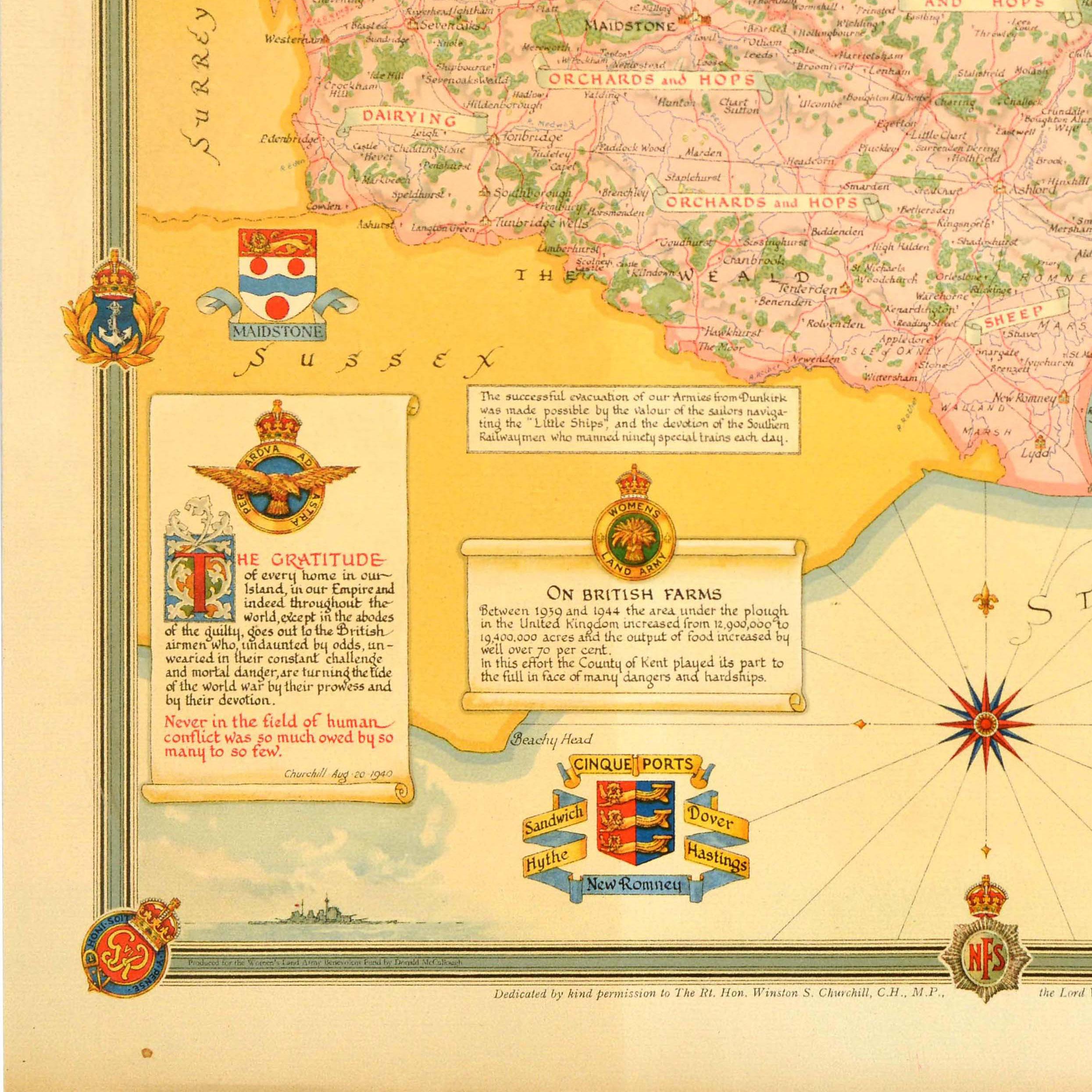 Originale poster cartografico post Seconda Guerra Mondiale Kent Battle Of Britain WWII Clegg In condizioni buone in vendita a London, GB