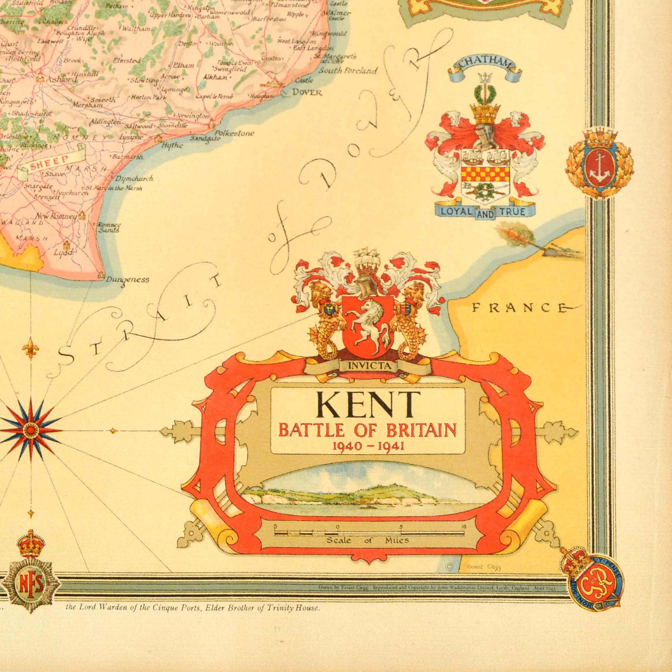 Metà XX secolo Originale poster cartografico post Seconda Guerra Mondiale Kent Battle Of Britain WWII Clegg in vendita
