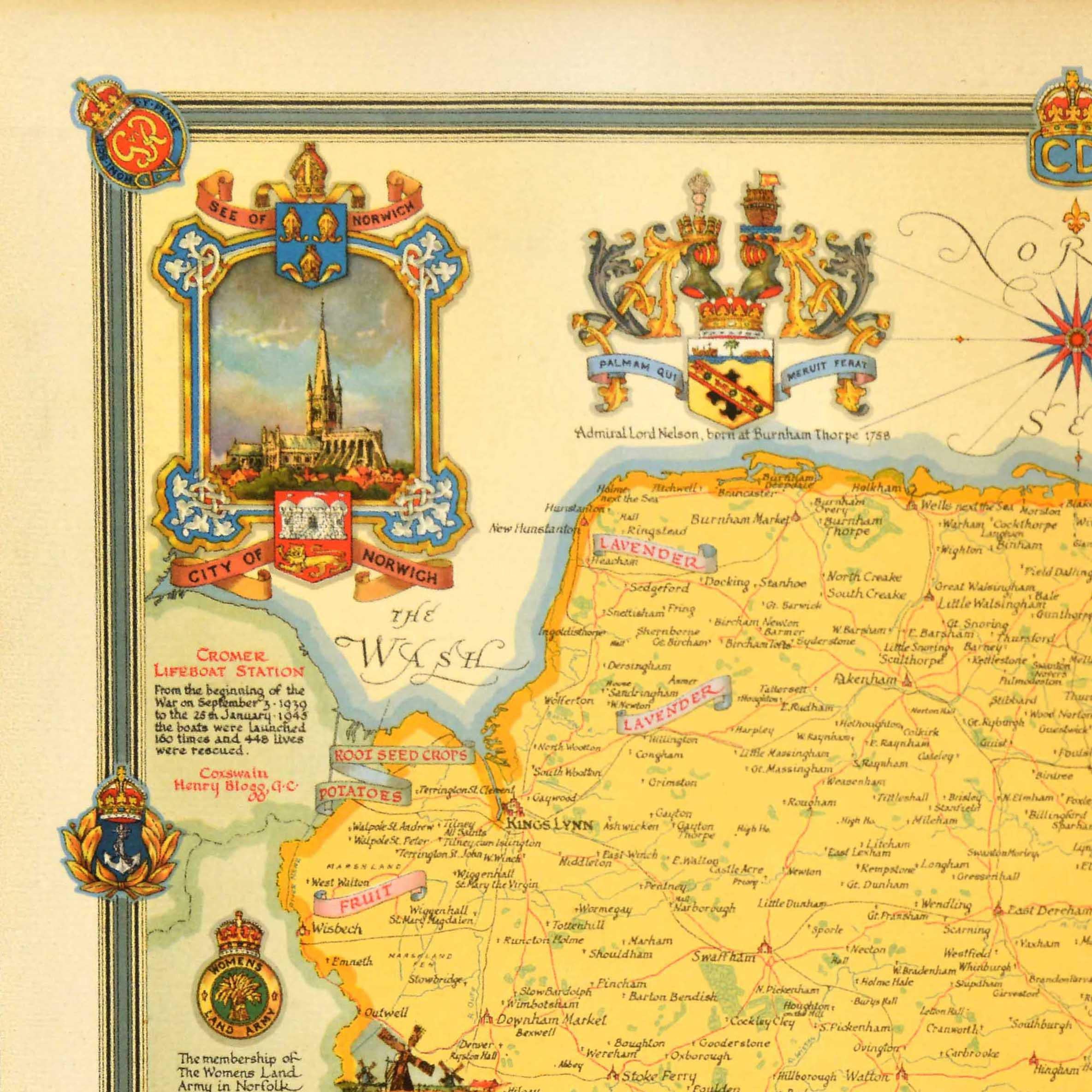 Poster cartografico originale del secondo dopoguerra per l'Inghilterra del Norfolk con un disegno colorato di Ernest Costain Clegg (1876-1954) della contea cerimoniale con illustrazioni di punti di riferimento e località turistiche, tra cui la
