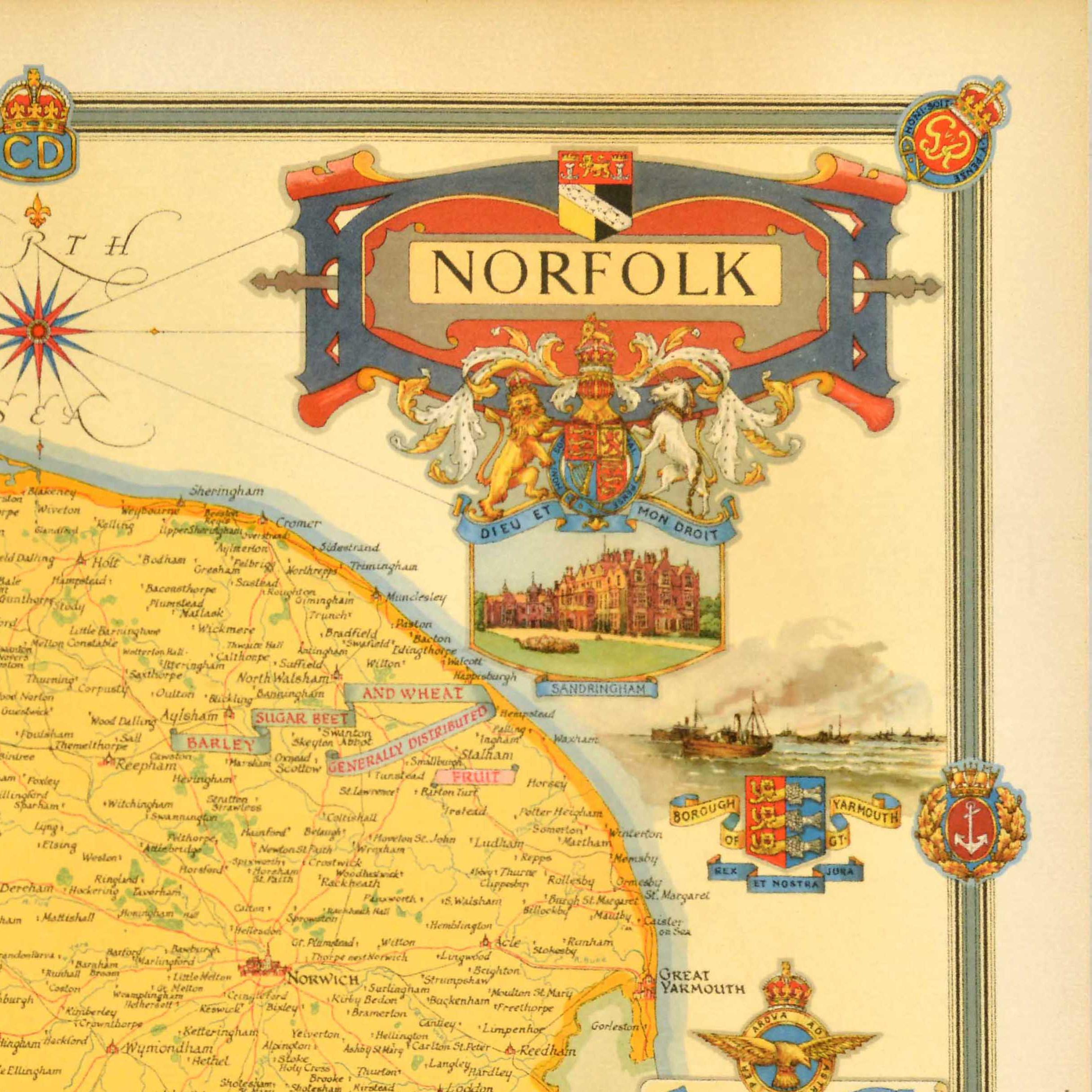 Britannico Poster cartografico d'epoca post Seconda Guerra Mondiale Norfolk Regno Unito WWII Ernest Clegg in vendita