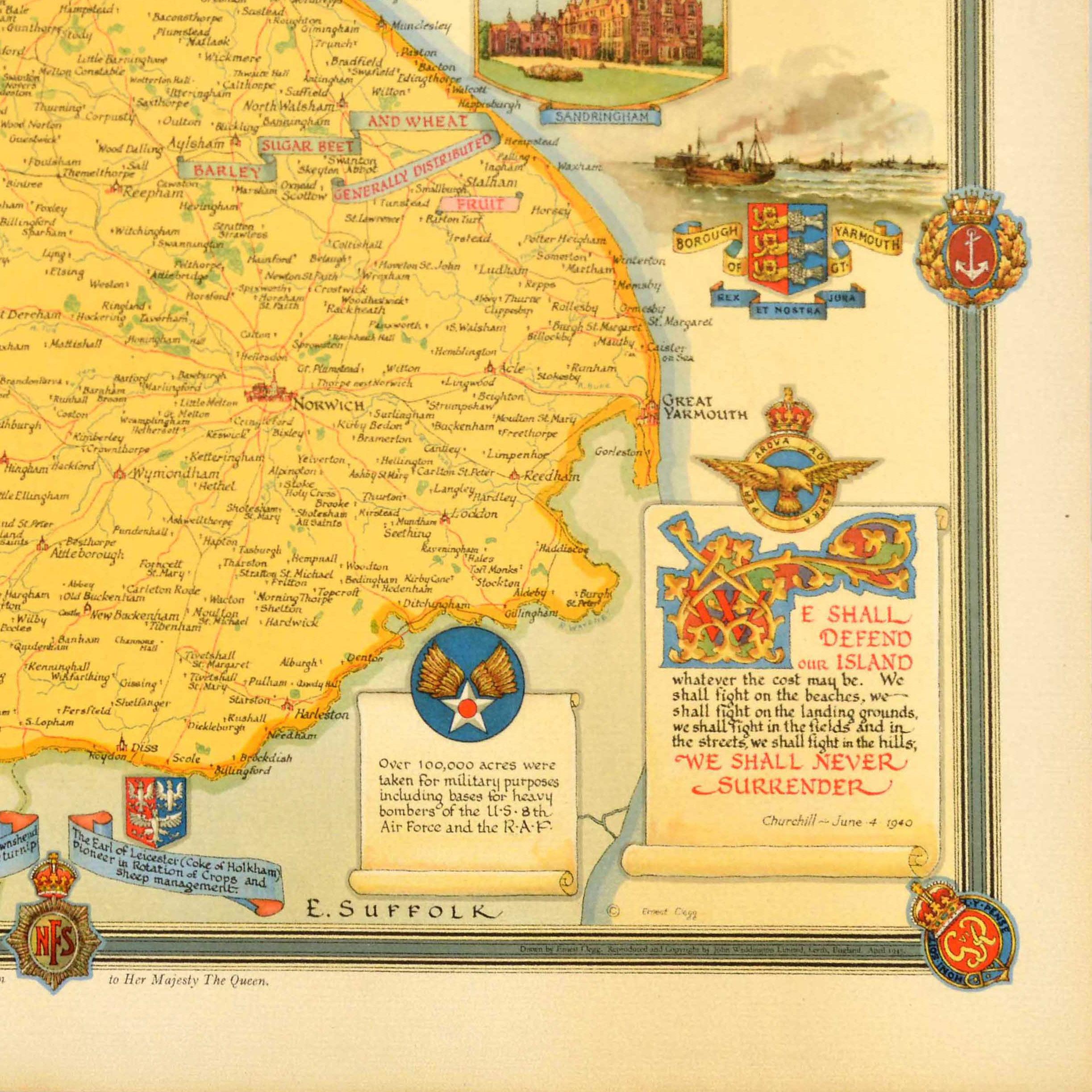 Metà XX secolo Poster cartografico d'epoca post Seconda Guerra Mondiale Norfolk Regno Unito WWII Ernest Clegg in vendita