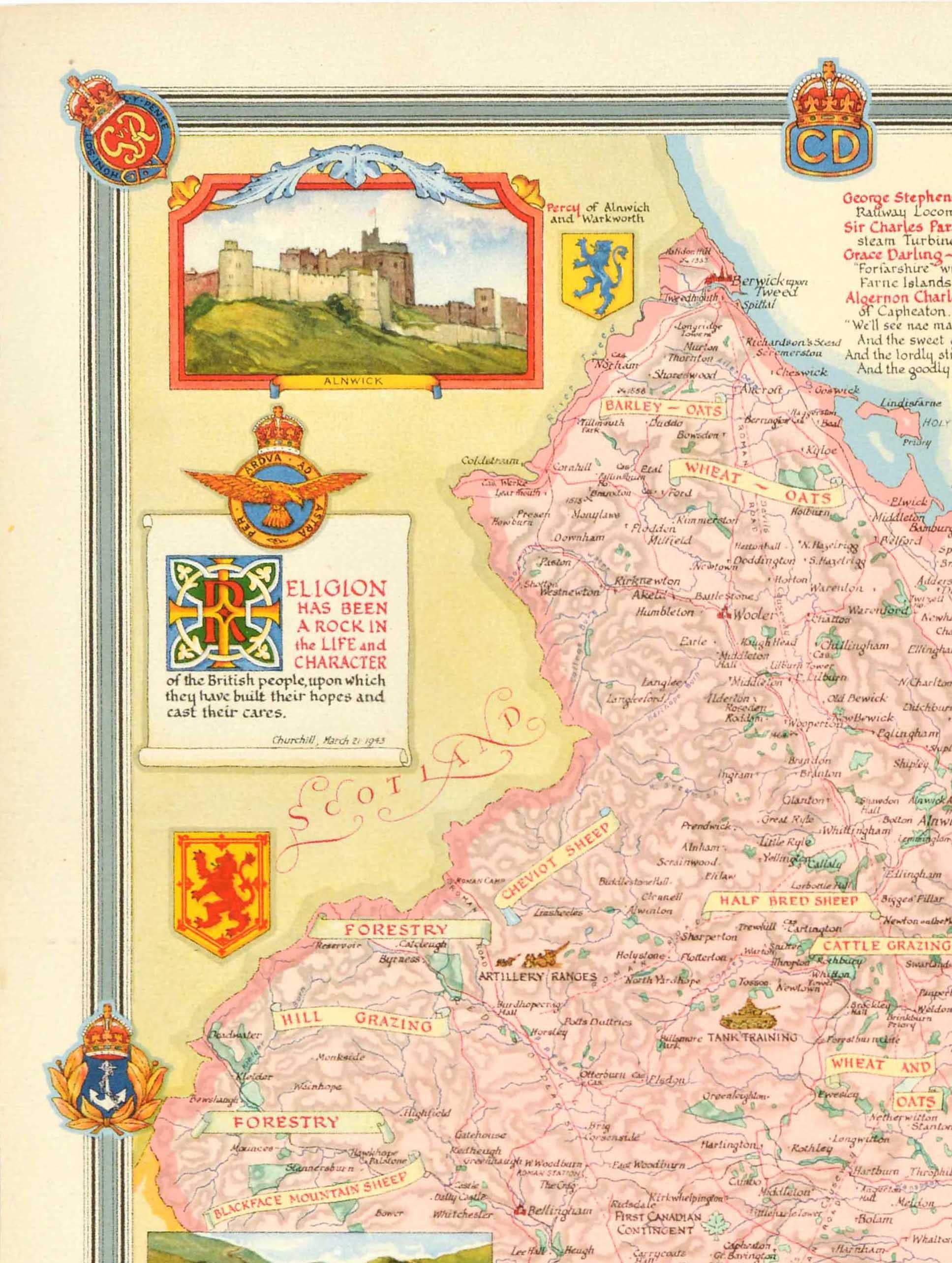 Poster cartografico originale del secondo dopoguerra del Northumberland, nel nord-est dell'Inghilterra, con un disegno colorato di Ernest Costain Clegg (1876-1954) della contea cerimoniale con illustrazioni di punti di riferimento e località