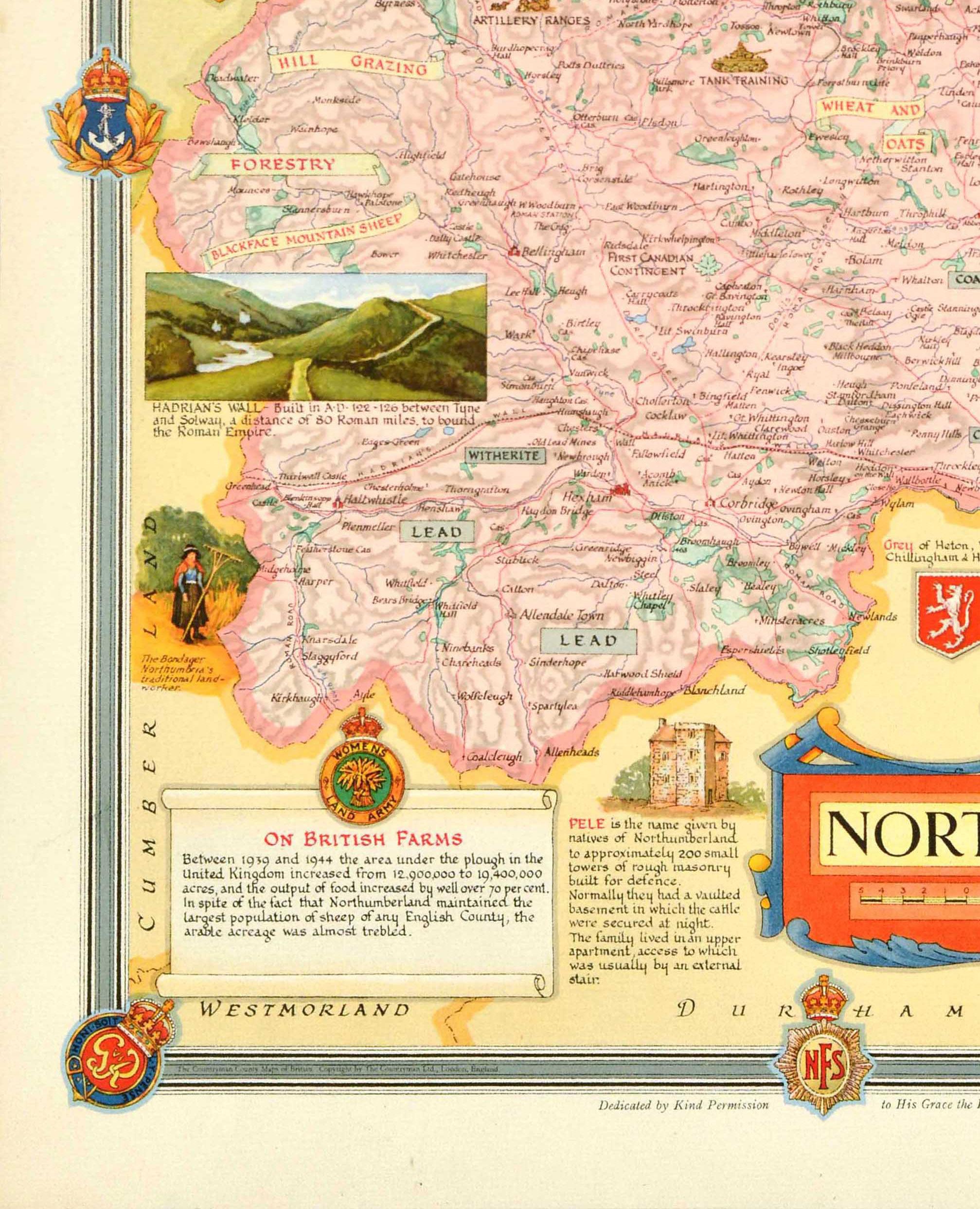 Poster cartografico originale del periodo successivo alla seconda guerra mondiale Northumberland UK WWII Clegg In condizioni buone in vendita a London, GB