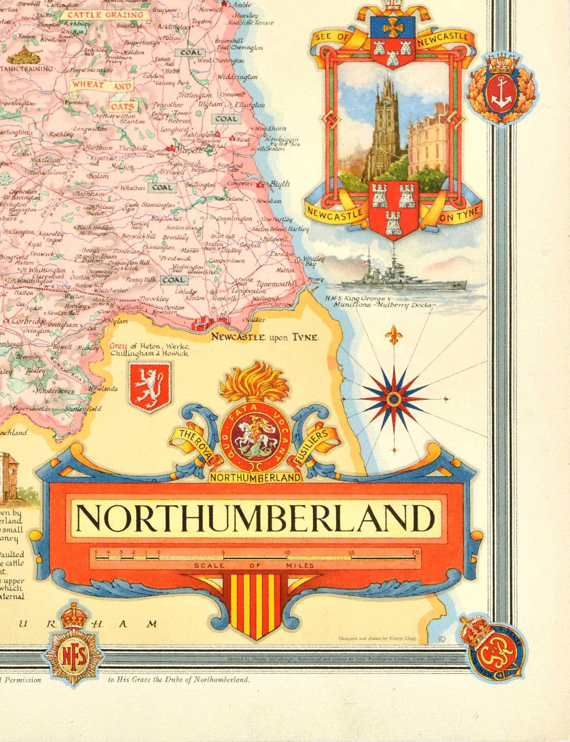 Metà XX secolo Poster cartografico originale del periodo successivo alla seconda guerra mondiale Northumberland UK WWII Clegg in vendita