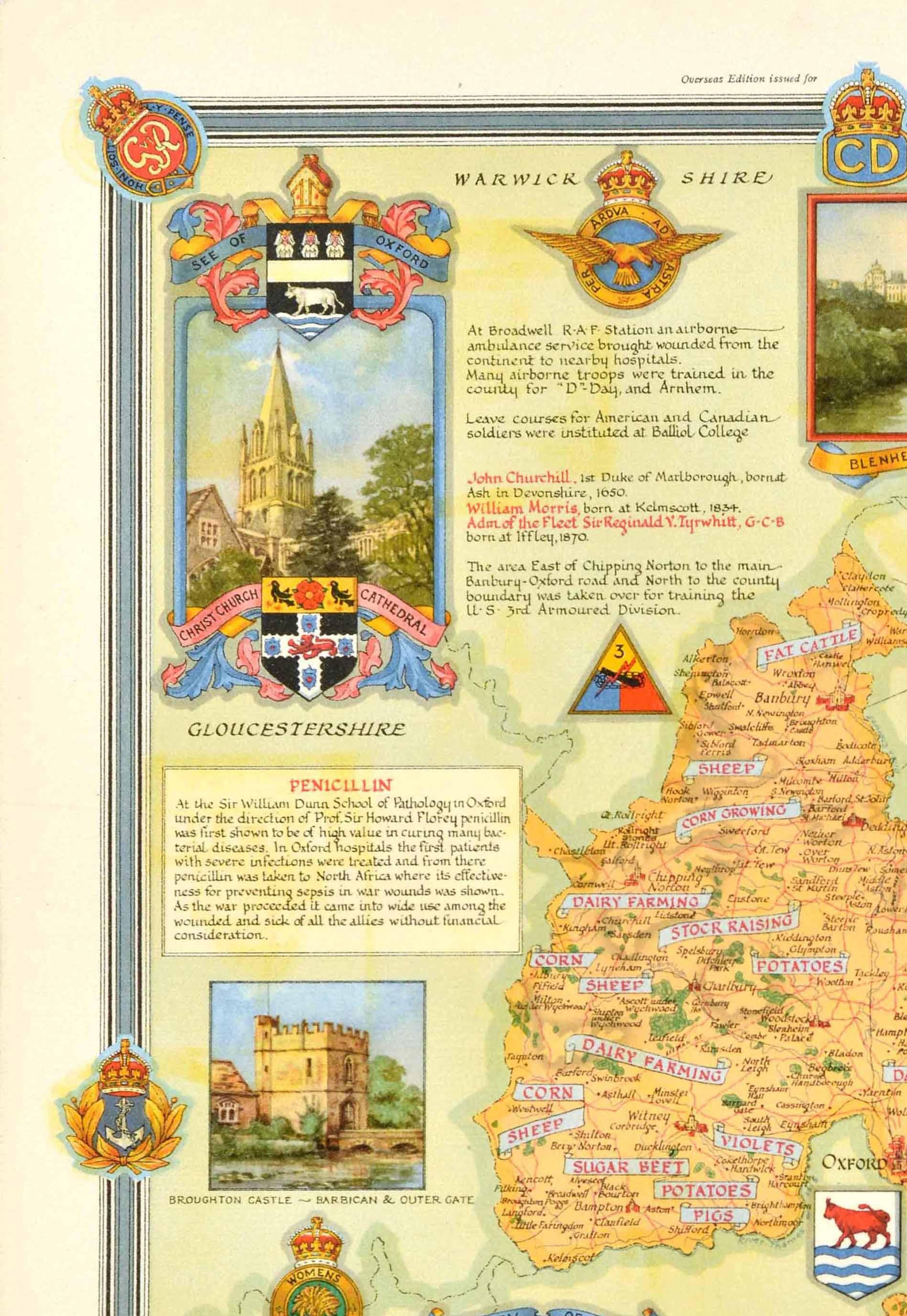 Poster originale d'epoca del secondo dopoguerra della mappa dell'Oxfordshire con un disegno colorato di Ernest Costain Clegg (1876-1954) della contea con illustrazioni di punti di riferimento e località turistiche tra cui la Cattedrale di