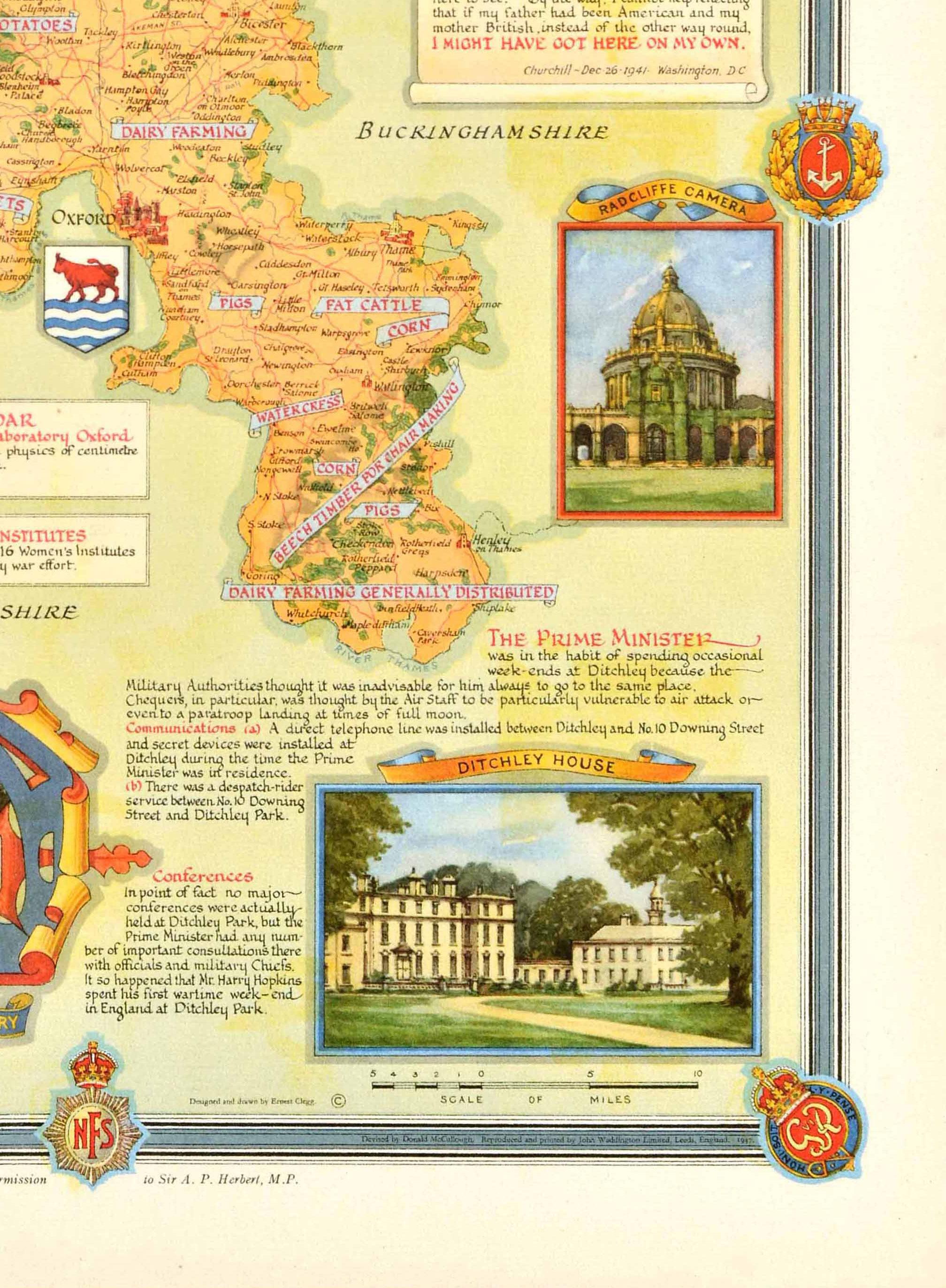 Metà XX secolo Poster cartografico originale del secondo dopoguerra, Oxfordshire WWII Ernest Clegg in vendita