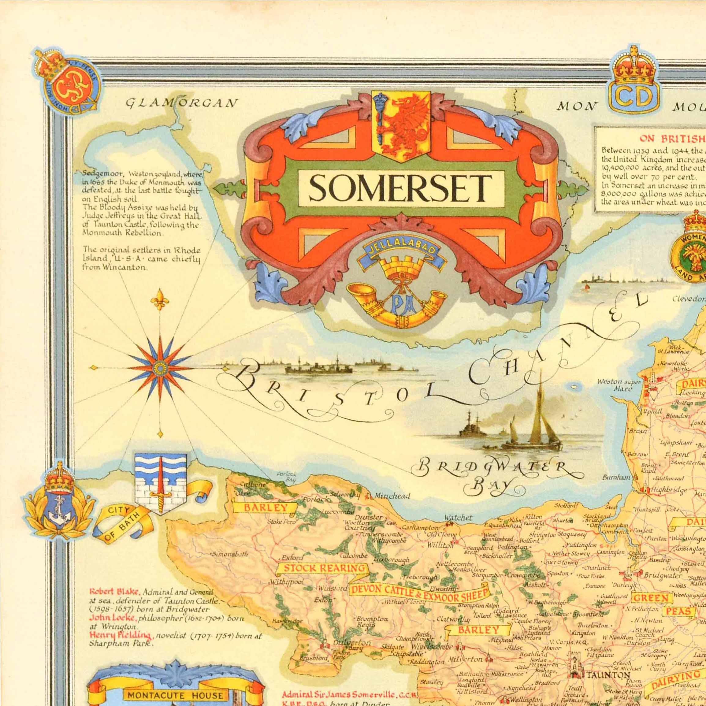Poster originale d'epoca del Somerset, nel sud-ovest dell'Inghilterra, risalente al secondo dopoguerra, con un disegno colorato di Ernest Costain Clegg (1876-1954) della contea circondato da illustrazioni di punti di riferimento e località