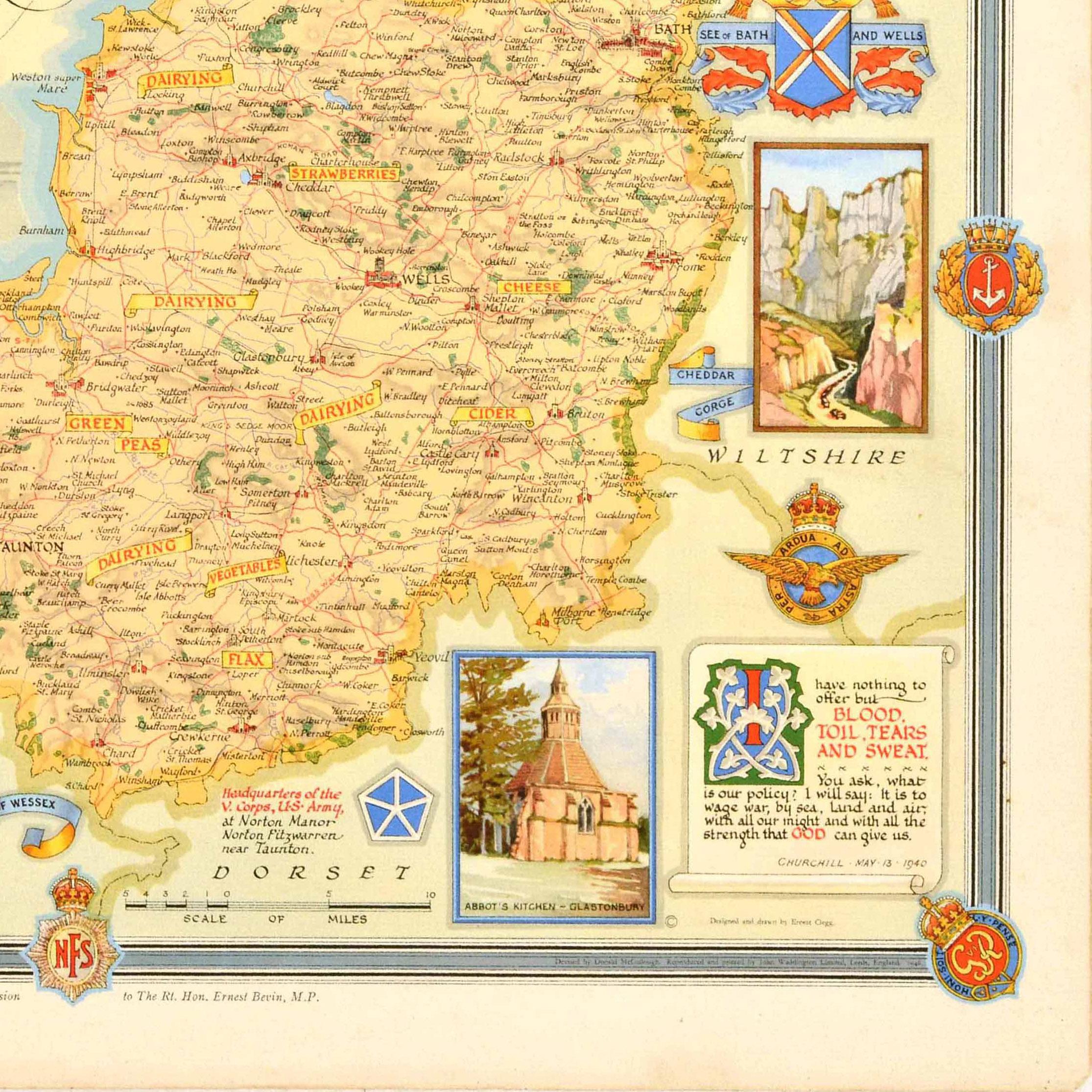 Metà XX secolo Poster cartografico originale del periodo successivo alla seconda guerra mondiale Somerset UK WWII Ernest Clegg in vendita