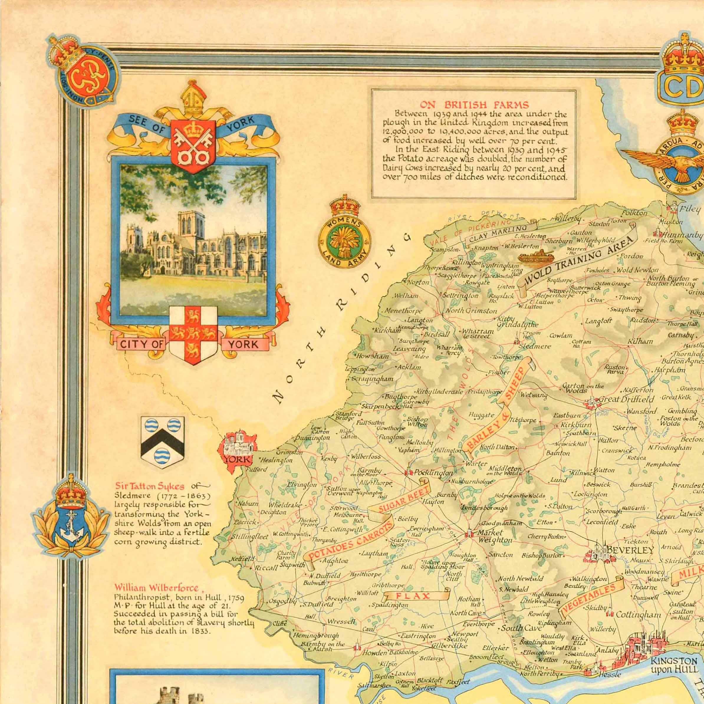 Poster originale d'epoca del secondo dopoguerra della mappa dello Yorkshire East Riding con un disegno colorato di Ernest Costain Clegg (1876-1954) della contea nel nord-est dell'Inghilterra con illustrazioni di punti di riferimento e località