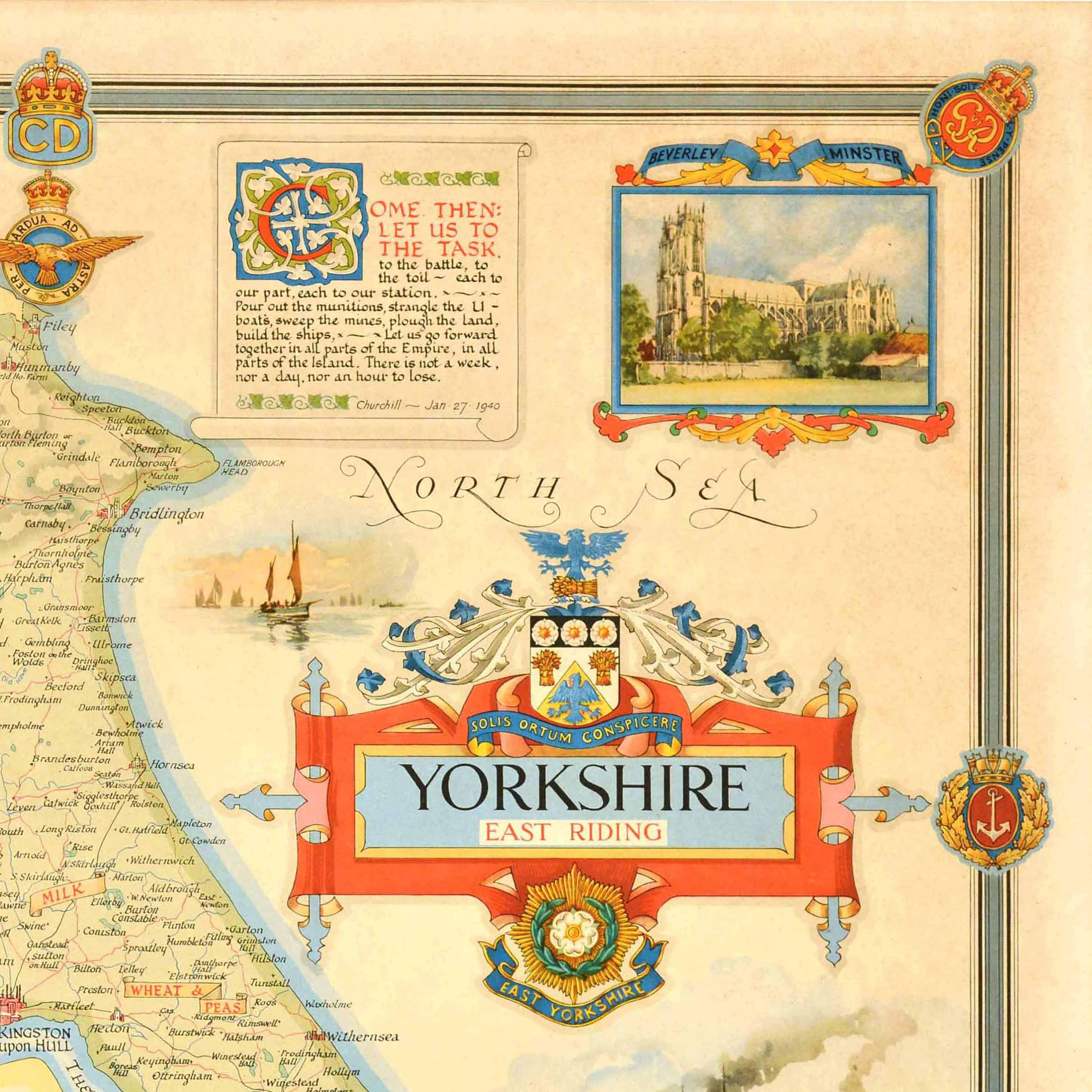 Britannico Poster mappa originale del periodo successivo alla Seconda Guerra Mondiale Yorkshire East Riding WWII Clegg in vendita