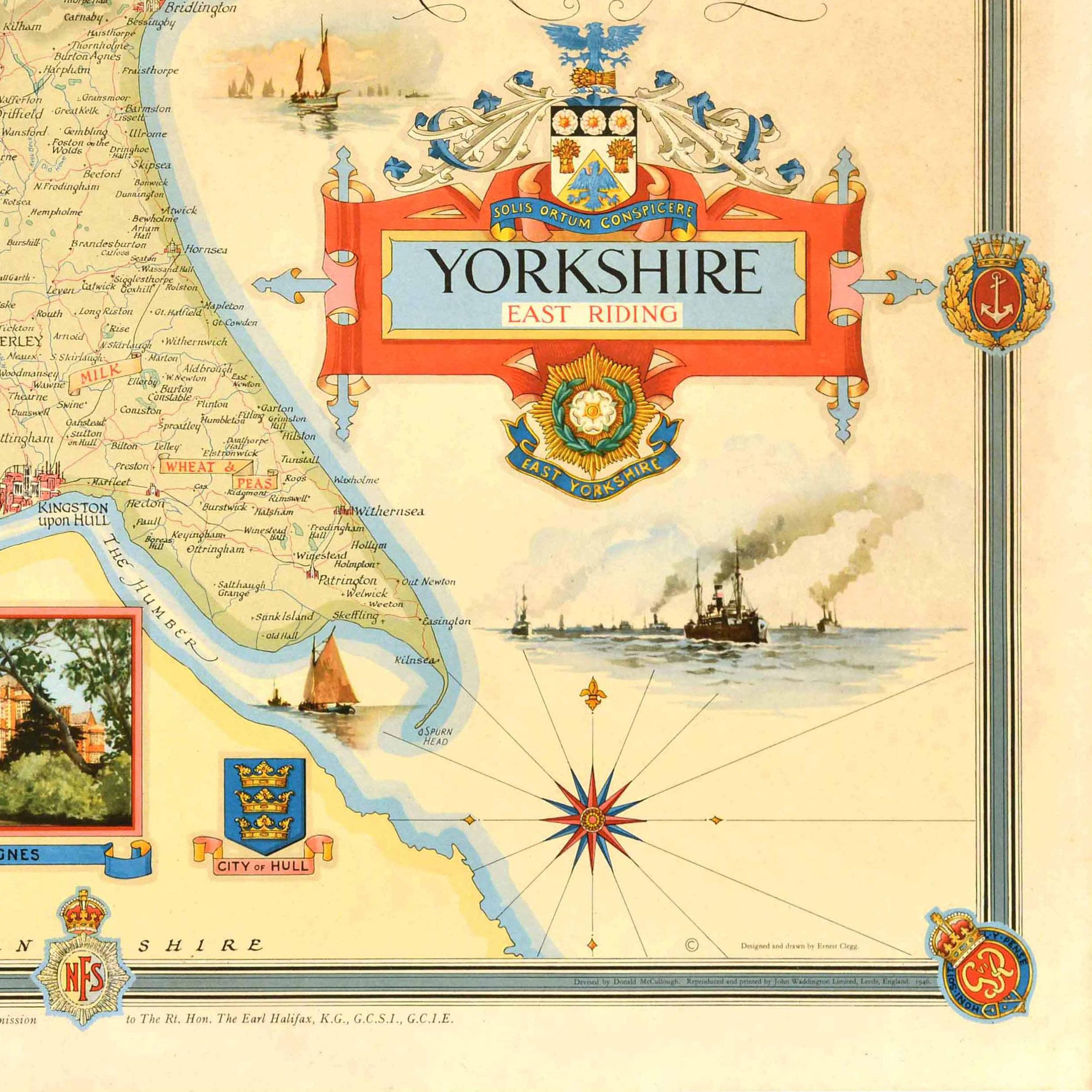 Metà XX secolo Poster mappa originale del periodo successivo alla Seconda Guerra Mondiale Yorkshire East Riding WWII Clegg in vendita