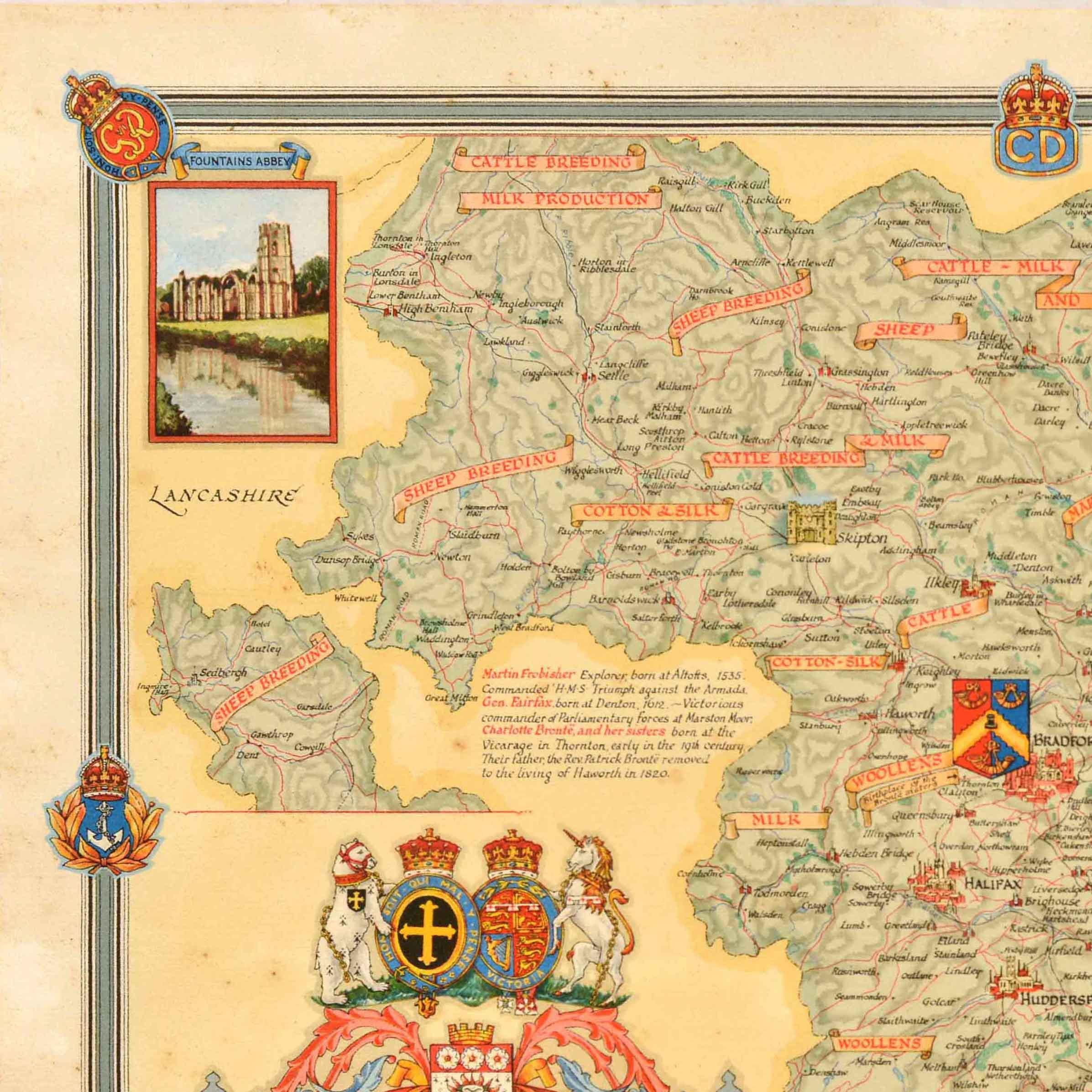 Poster cartografico originale del secondo dopoguerra per lo Yorkshire West Riding con un colorato disegno di Ernest Costain Clegg (1876-1954) della contea amministrativa (1889-1974) del West Yorkshire, in Inghilterra, con illustrazioni di importanti