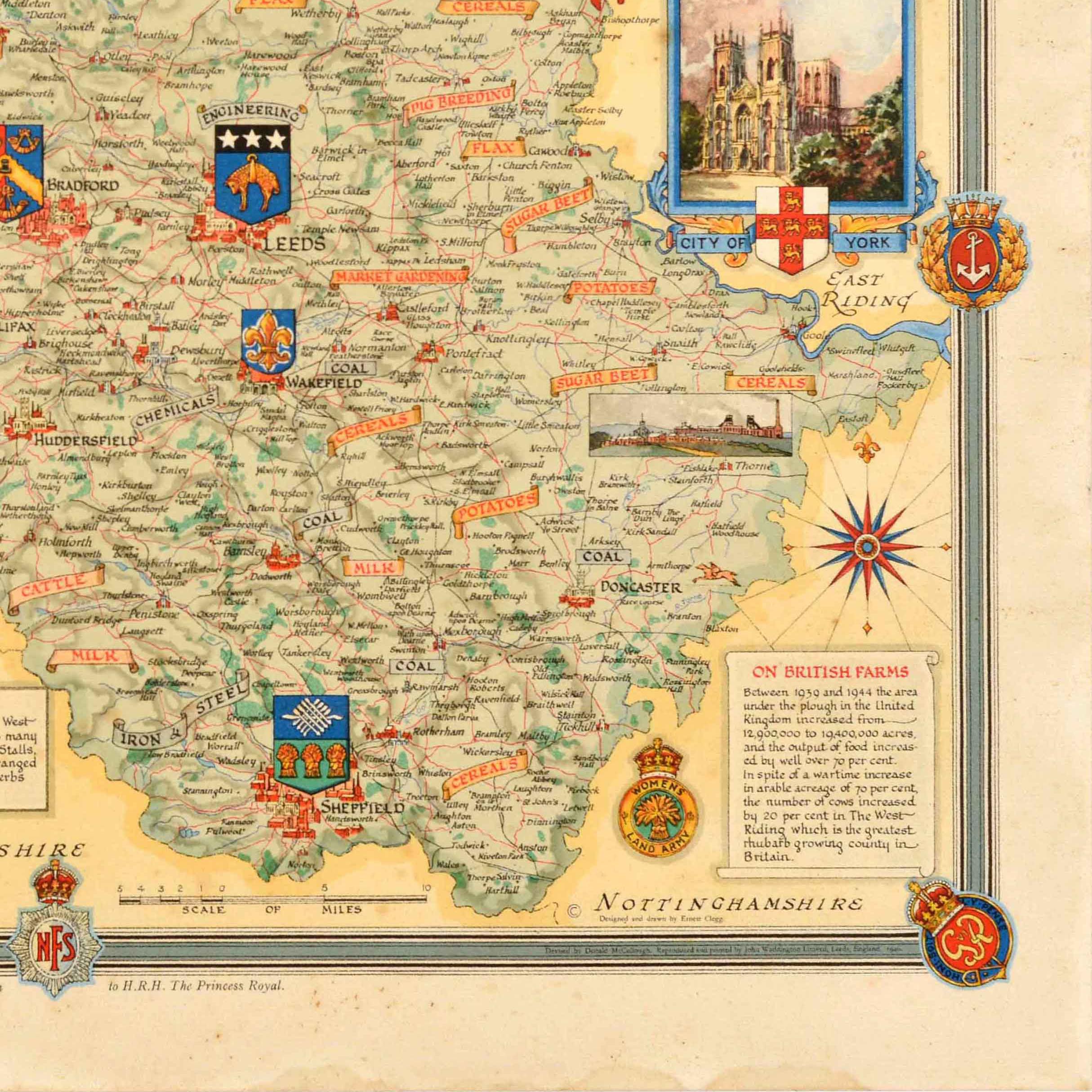 Metà XX secolo Poster mappa Yorkshire UK WWII Ernest Clegg, originale d'epoca dopo la Seconda Guerra Mondiale in vendita