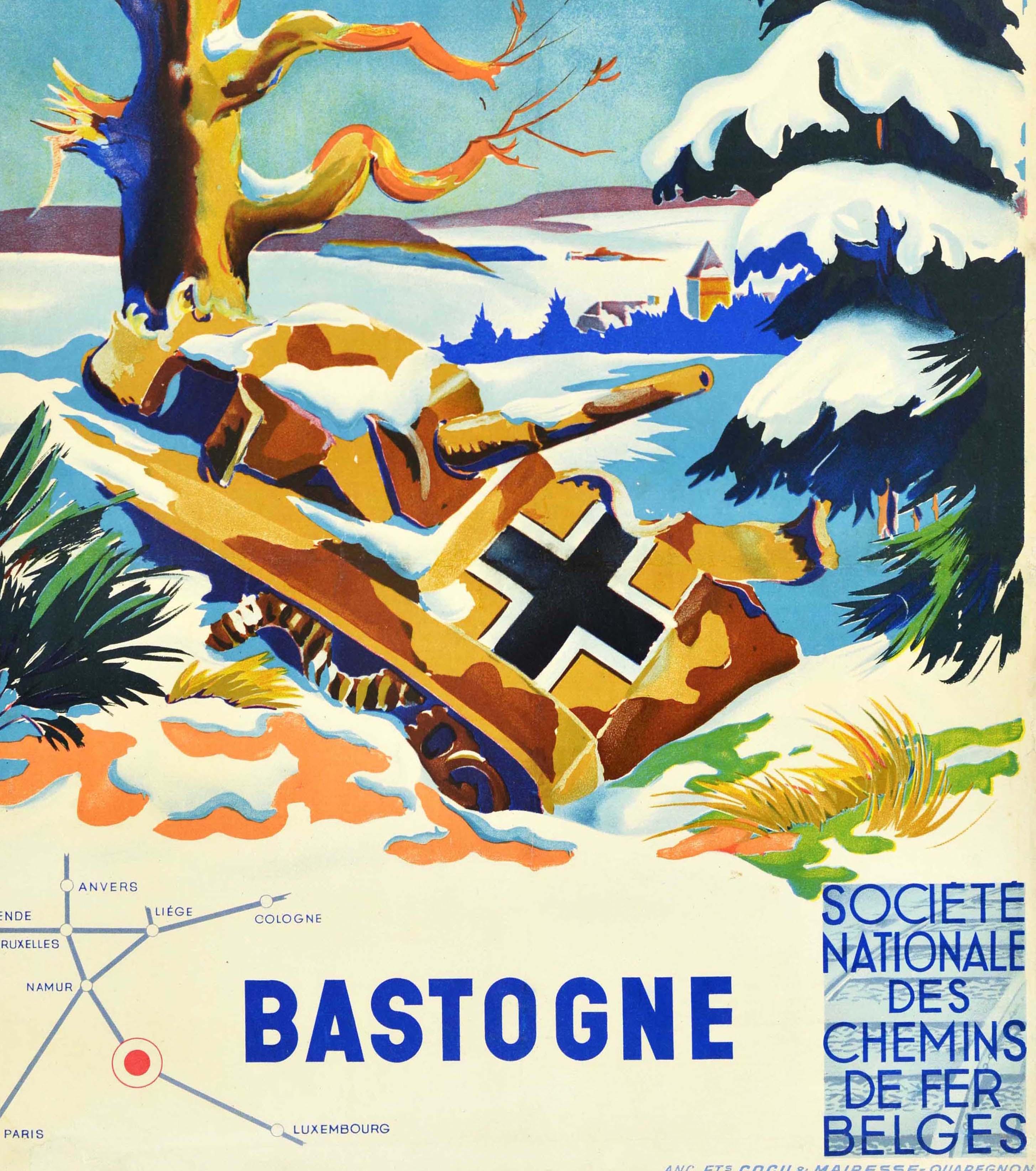 Original vintage post-WWII railway travel poster for Bastogne Societe Nationale des Chemins de Fer Belges / Belgian National Railway Company. Colourful illustration of a discarded German Nazi tank covered in snow in a trench by a war torn tree with