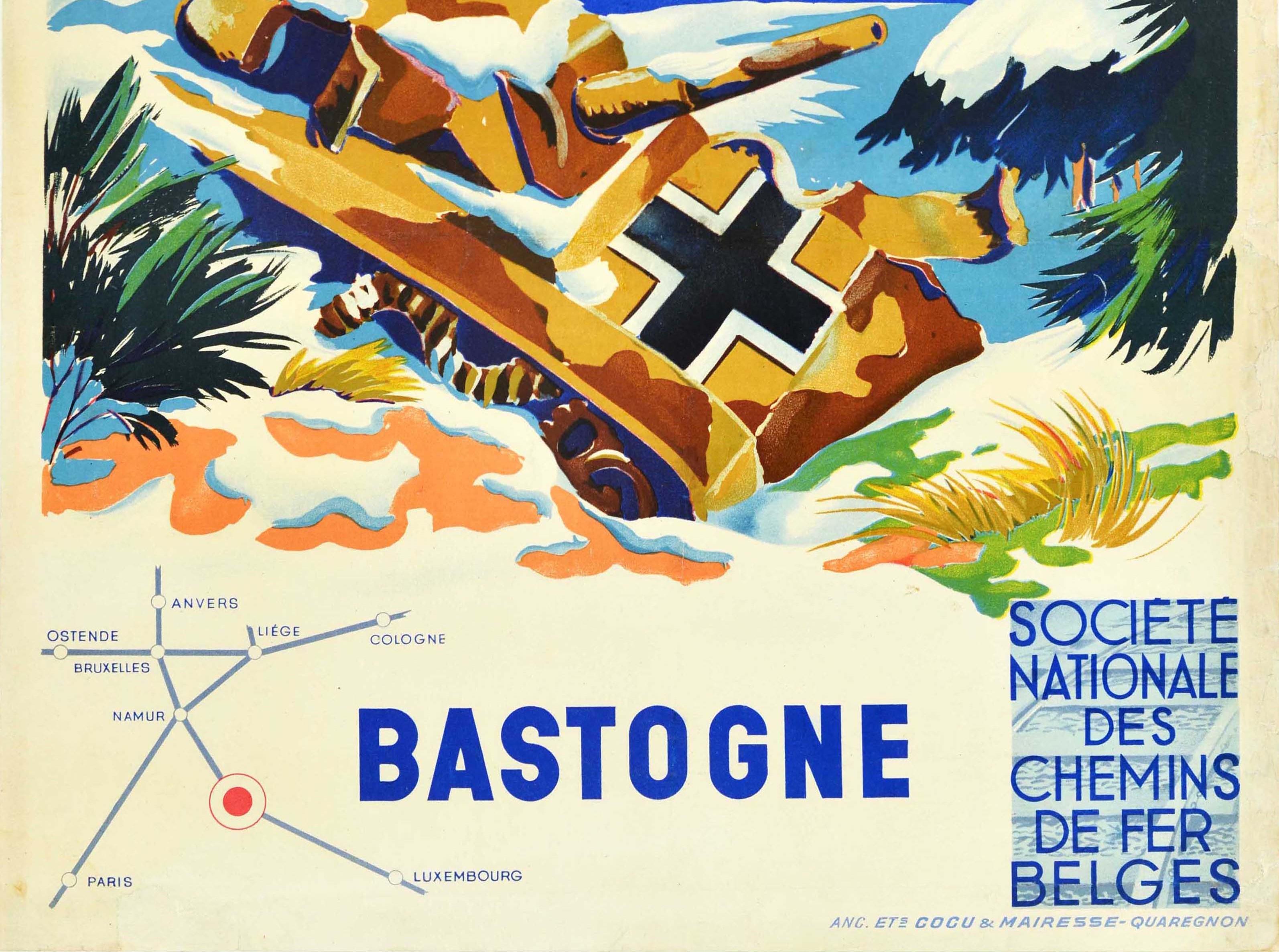 Original Vintage Post-WWII Travel Poster Bastogne Belgian National Railway Tank In Fair Condition For Sale In London, GB