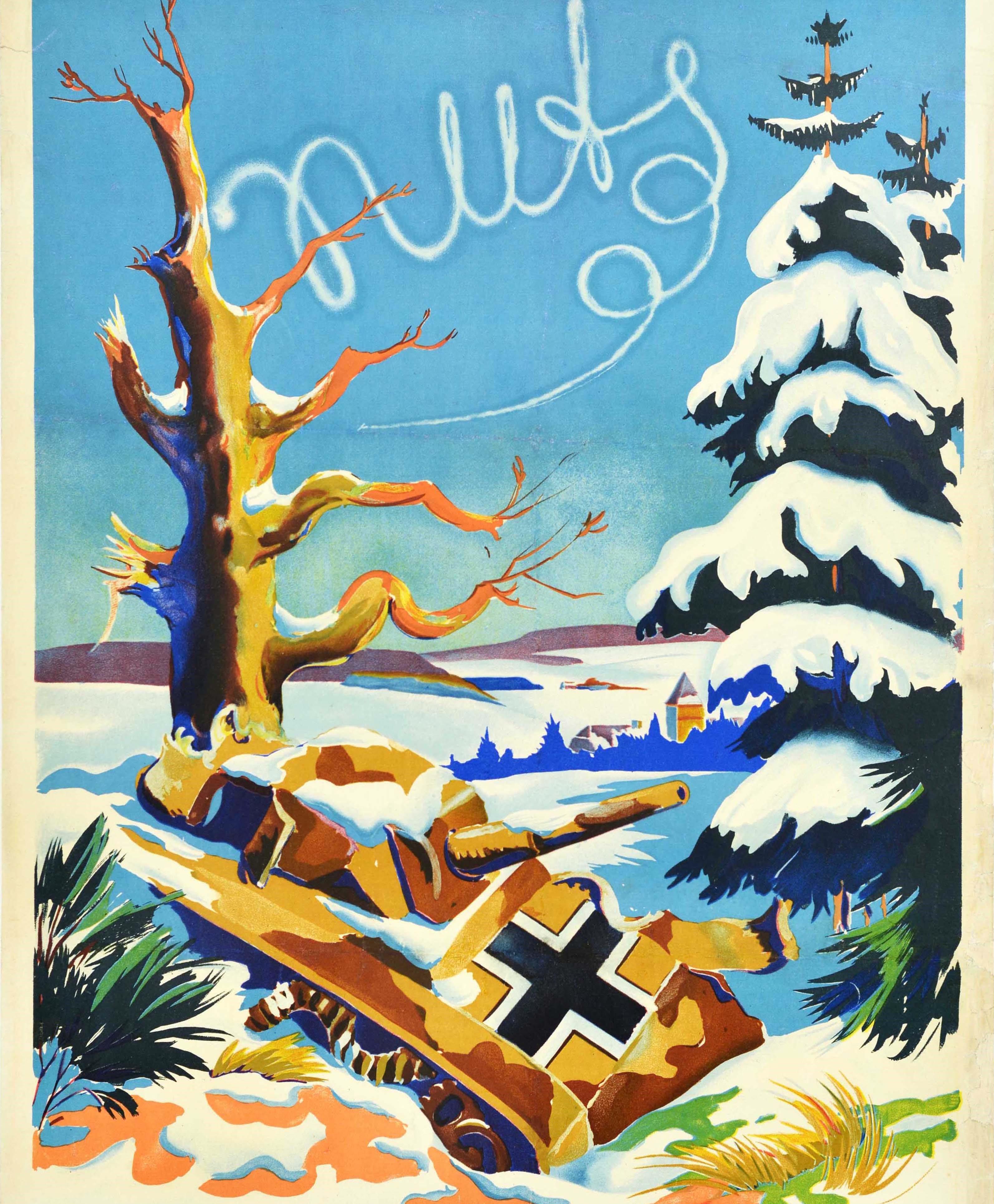 Mid-20th Century Original Vintage Post-WWII Travel Poster Bastogne Belgian National Railway Tank For Sale