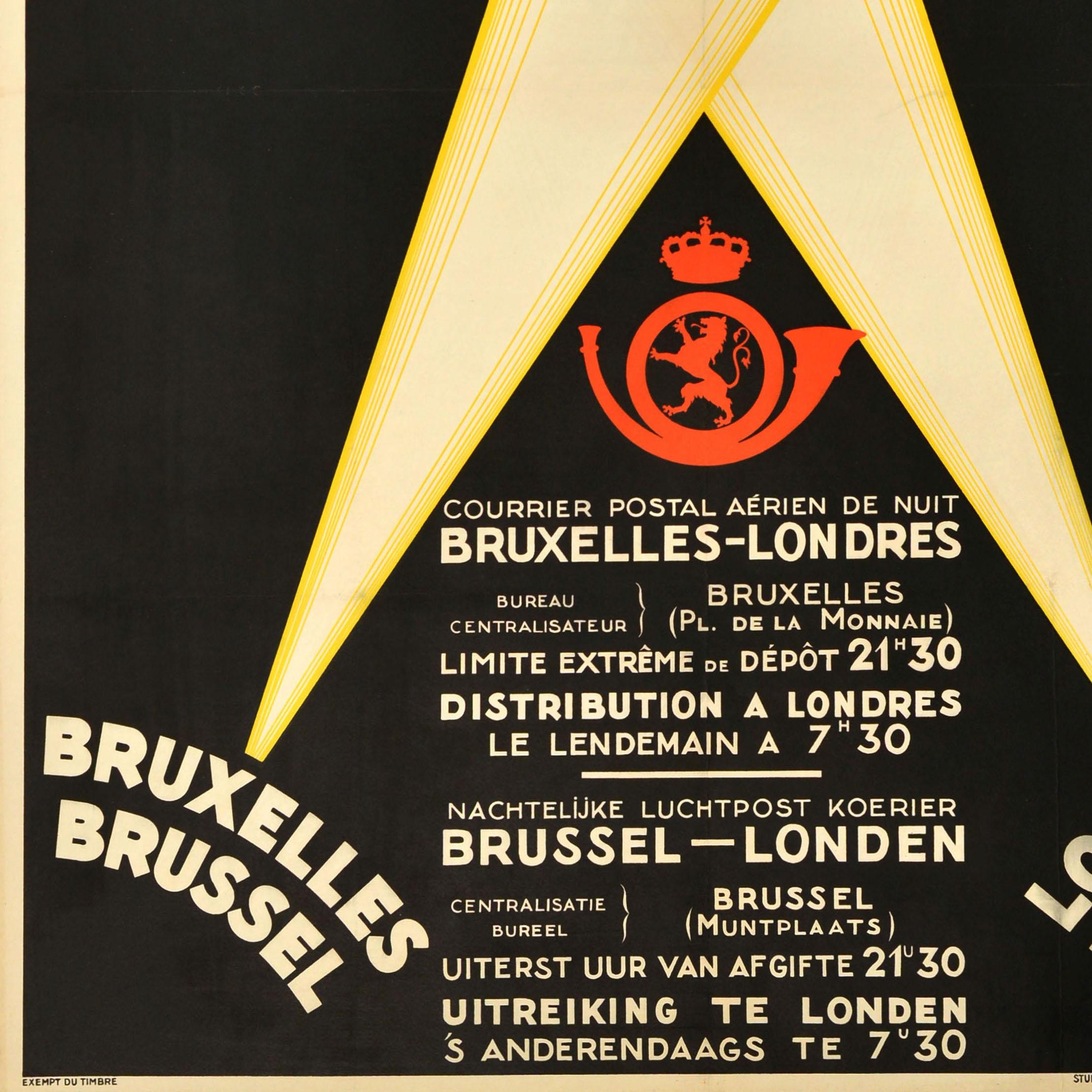Belga Poster pubblicitario d'epoca dei servizi postali Bruxelles Londra Air Mail in vendita