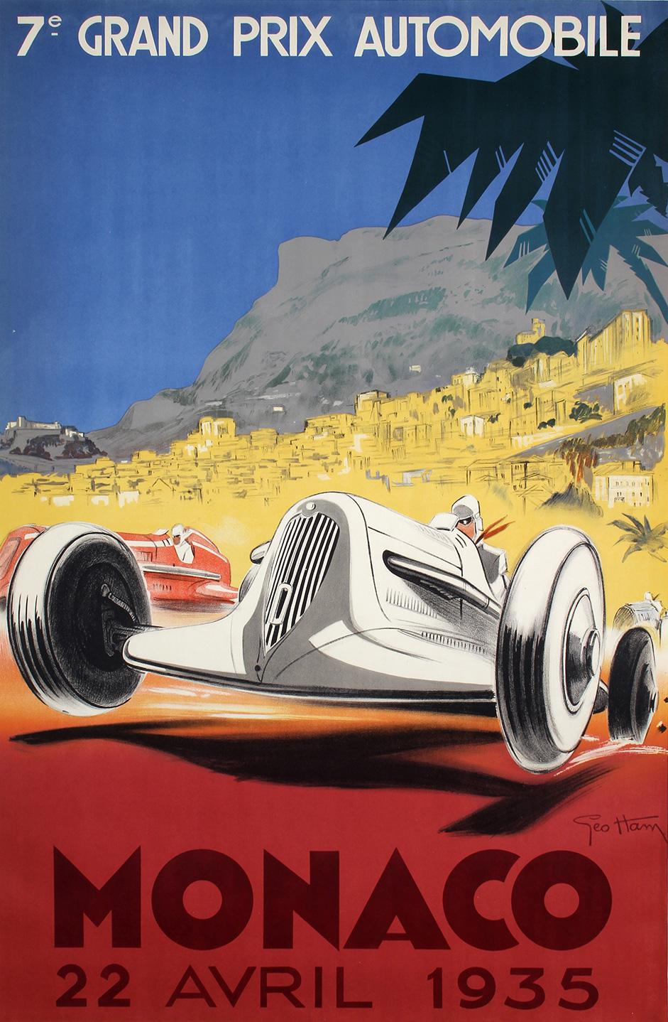 Poster d'epoca originale per il Gran Premio di Monaco del 1935, tenutosi il 22 aprile, con un sorprendente disegno Art of Vintage di Geo Ham (Georges Hamel; 1900-1972) che raffigura una Mercedes W25, una delle cosiddette Arrow d'argento, davanti a