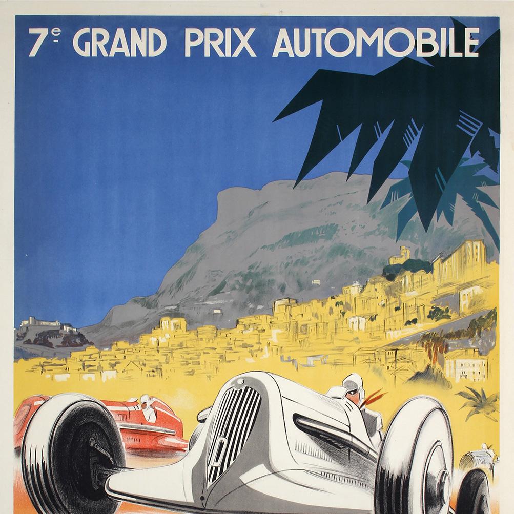 Art Déco Poster originale d'epoca 1935 Monaco Grand Prix Race Geo Ham Art Deco Mercedes in vendita