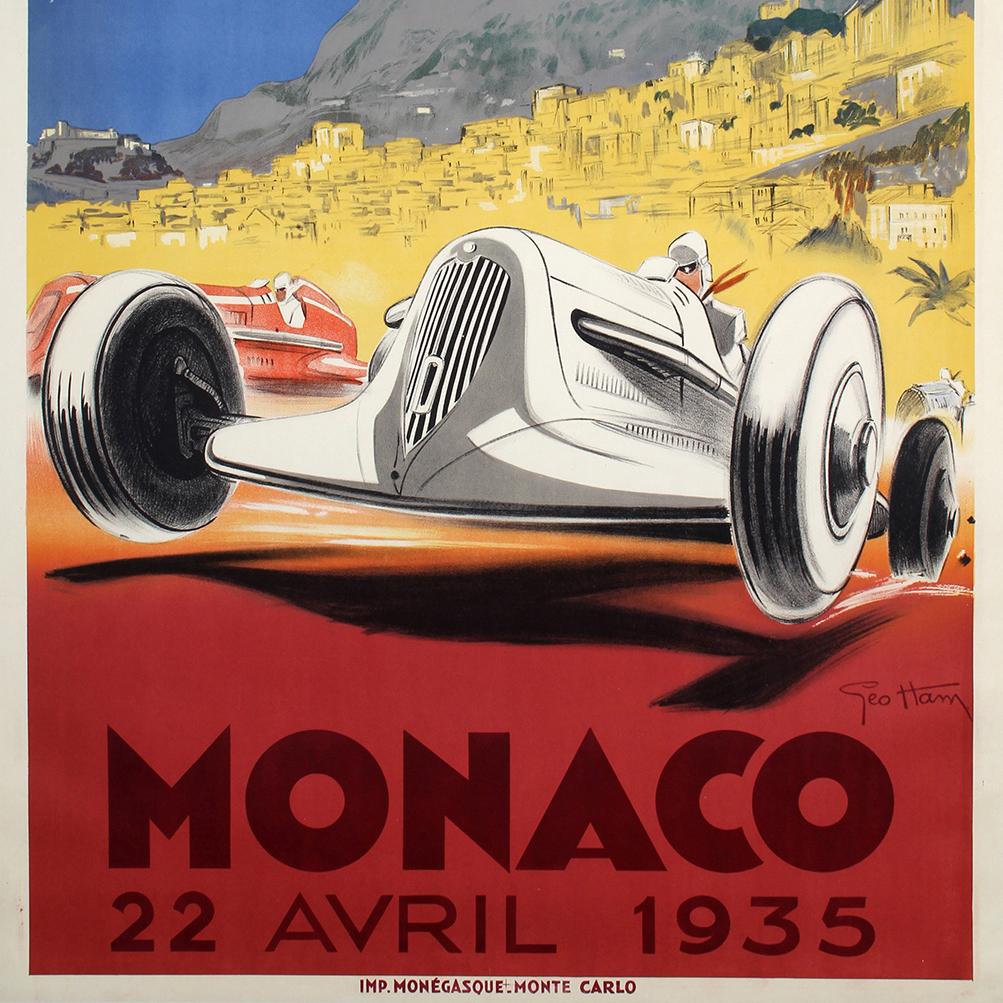 Francese Poster originale d'epoca 1935 Monaco Grand Prix Race Geo Ham Art Deco Mercedes in vendita
