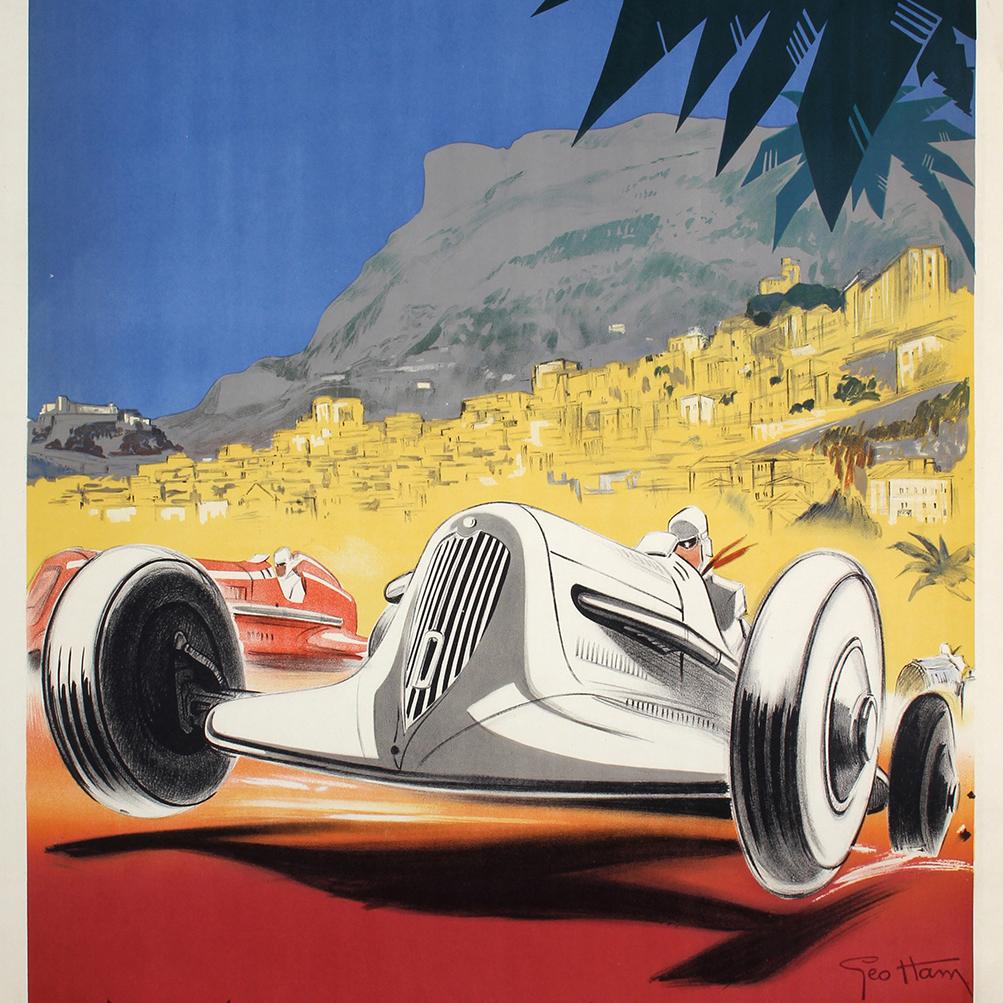 Poster originale d'epoca 1935 Monaco Grand Prix Race Geo Ham Art Deco Mercedes In condizioni ottime in vendita a London, GB