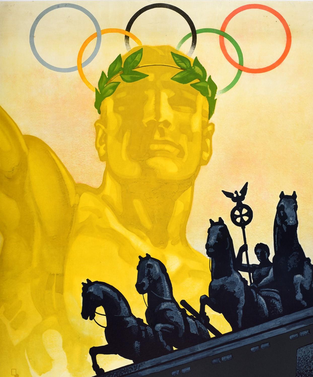 Affiche originale vintage des Jeux Olympiques d'été pour les Jeux Olympiques de 1936 qui se sont déroulés à Berlin du 1er au 16 août:: publiée par l'Office central des chemins de fer allemands pour le trafic touristique et le Comité de propagande