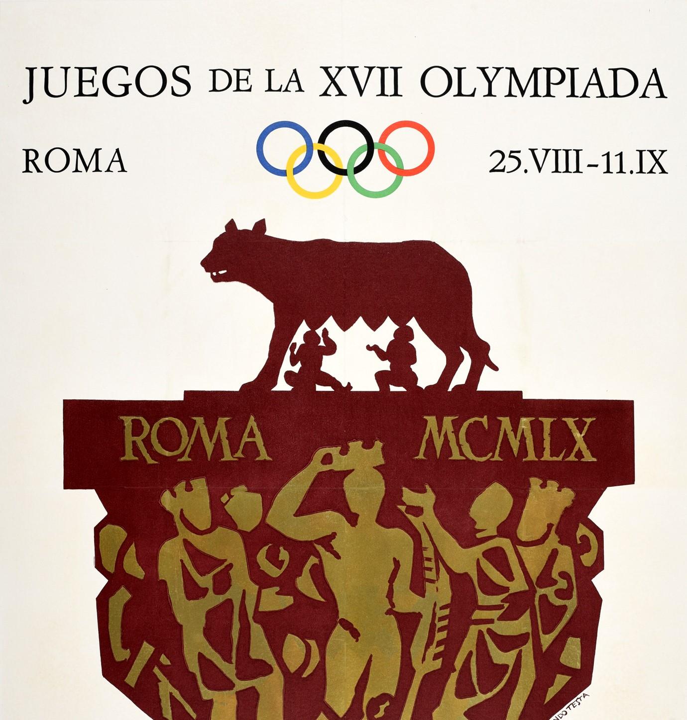 Original vintage sport poster for the Juegos de la XVII Olympiada Roma 25.VIII-11.IX featuring a great design by Armando Testa (1917-1992) depicting the twin brothers Romulus and Remus being suckled by the Capitoline Wolf (the ancient story from