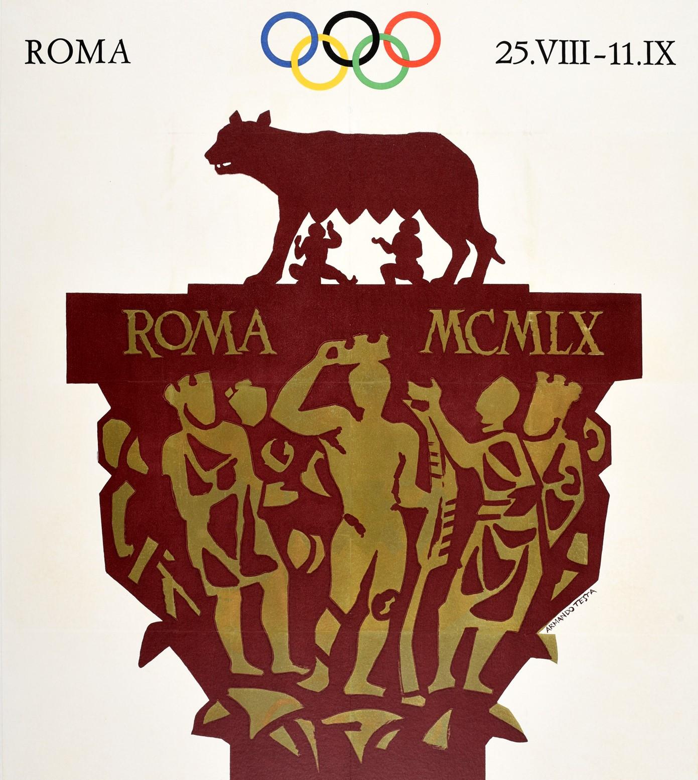 Italian Original Vintage Poster 1960 Olympic Games Rome Capitoline Wolf Romulus & Remus 
