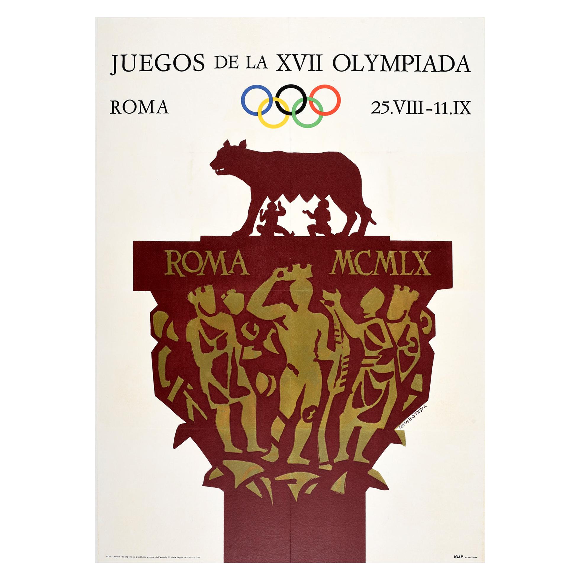 Original Vintage Poster 1960 Olympic Games Rome Capitoline Wolf Romulus & Remus 