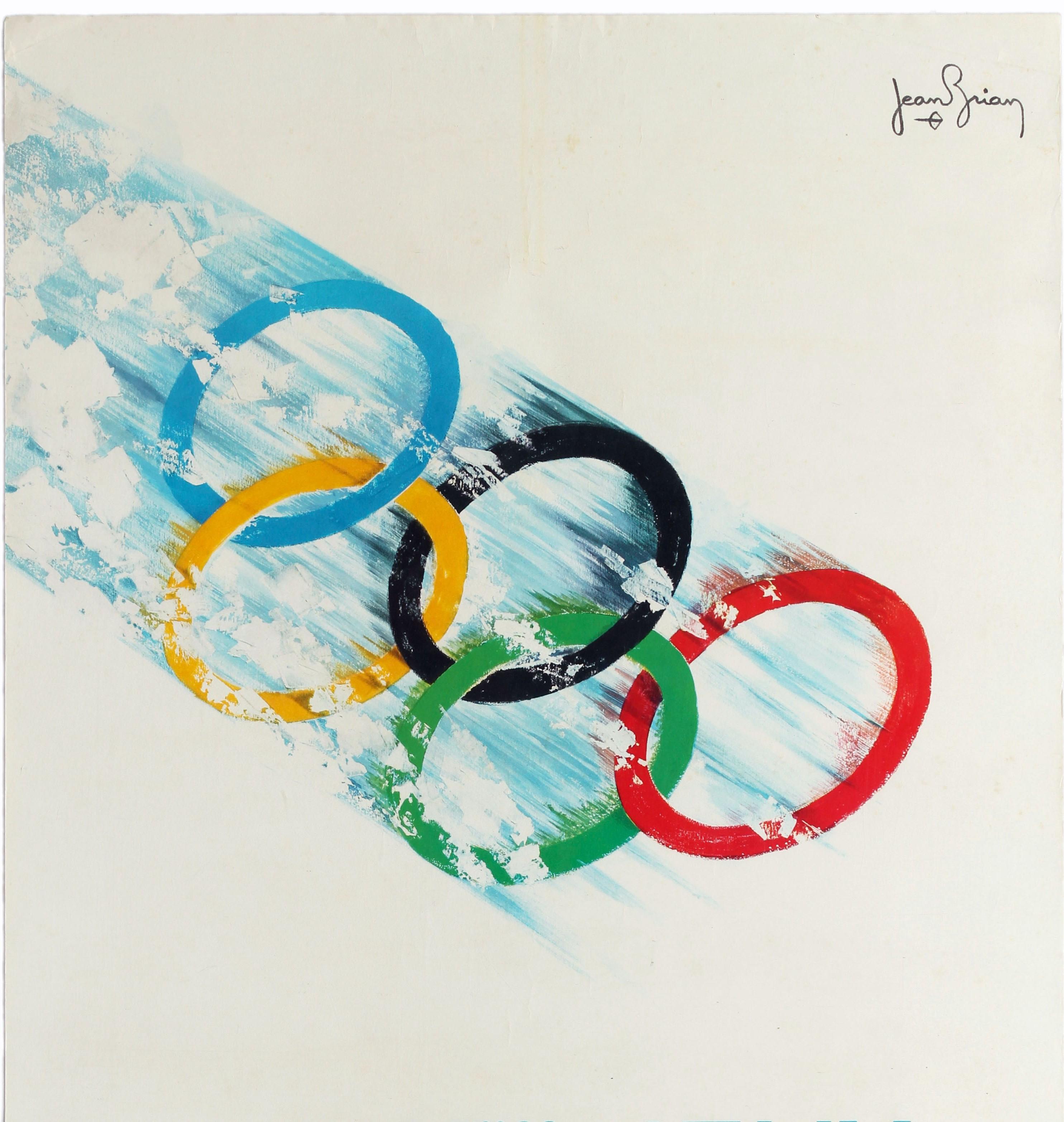 Original vintage Olympics sport poster for the 1968 Winter Olympic Games / Jeux Olympiques D’Hiver held in Grenoble France from 6-18 February 1968. Great design by Jean Brian (1910-1990) depicting the multicoloured Olympic rings racing through the