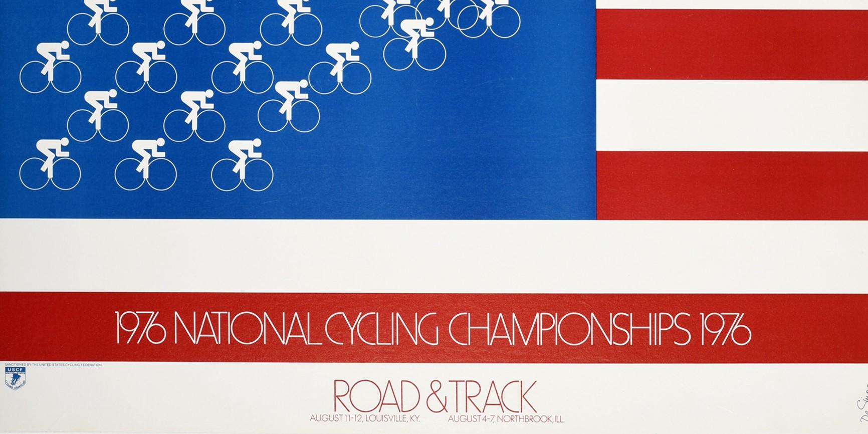 Original vintage sport poster for the 1976 National Cycling Championships 1976 road and track from 4-7 August in Northbrook Illinois and from 11-12 August in Louisville Kentucky featuring a great design of a red and white striped flag of the United