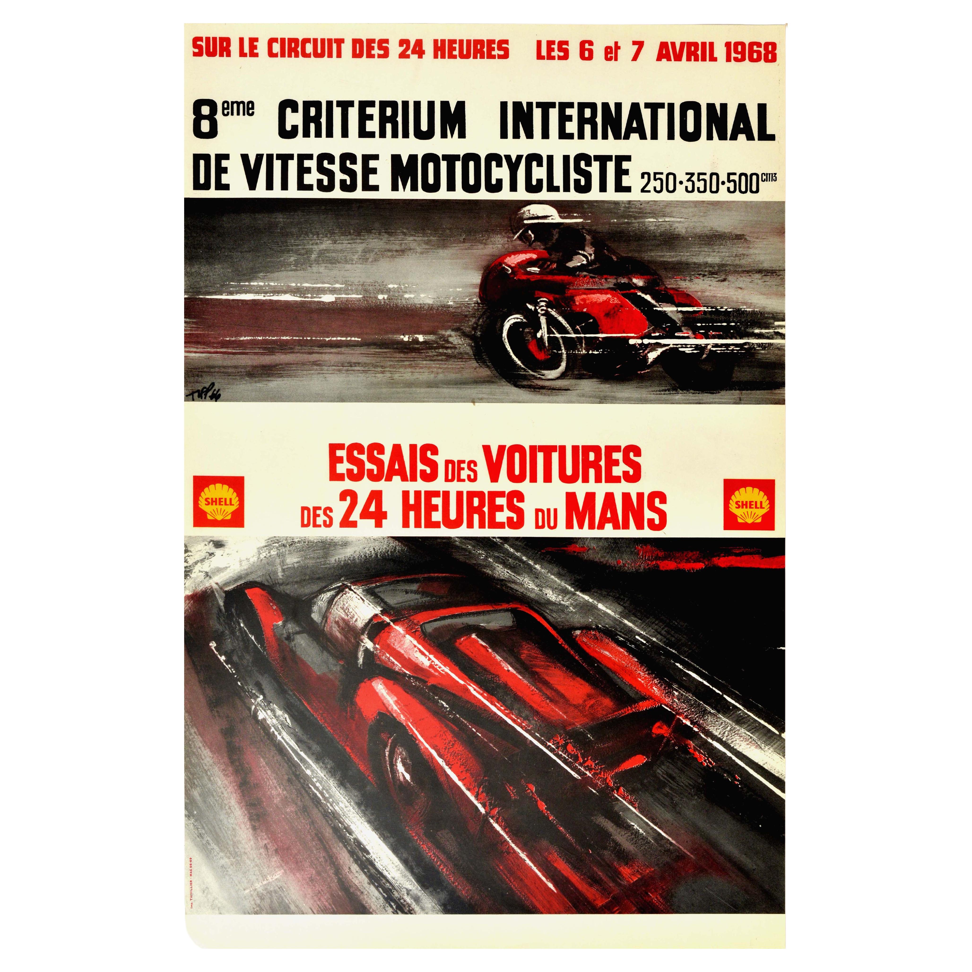 Original Vintage Poster 24 Heures Du Mans 1968 Motorcycle Car Race Le Mans Sport For Sale