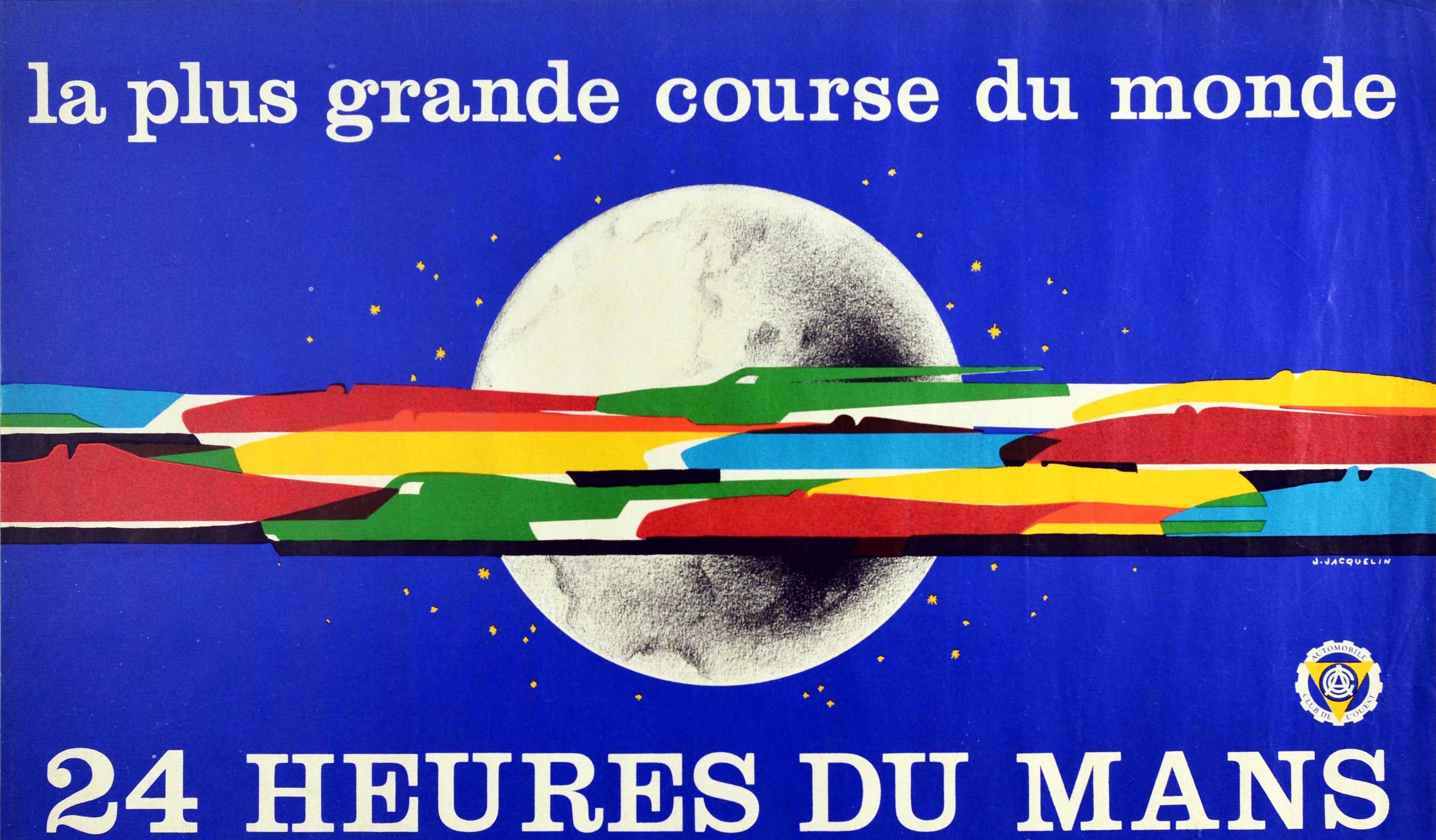 Original vintage Le Mans motor sport poster for the 24 Heures du Mans 15-16 June 1974 featuring a dynamic design by Jean Jacquelin (1905-1989) depicting colourful depictions of cars racing at speed in a blur in front of the world on a blue starry