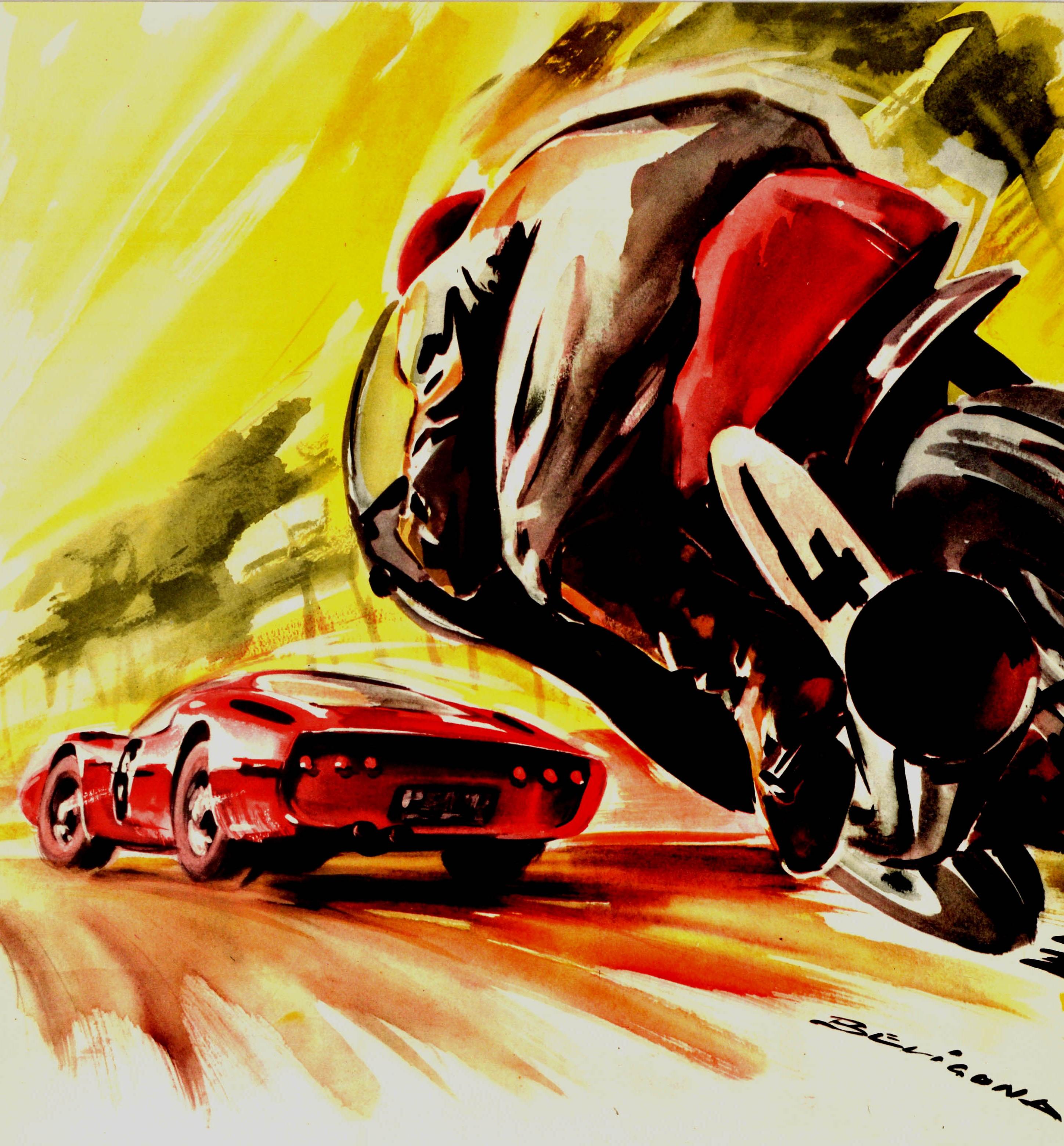 Original vintage motor sport poster for the 4eme Criterium International de Vitesse Motocycliste et Essais des Voitures des 24 Heures du Mans sur les circuit des 24 heures les 18 et 19 Avril 1964 / 4th international motorcycle speed event and the 24