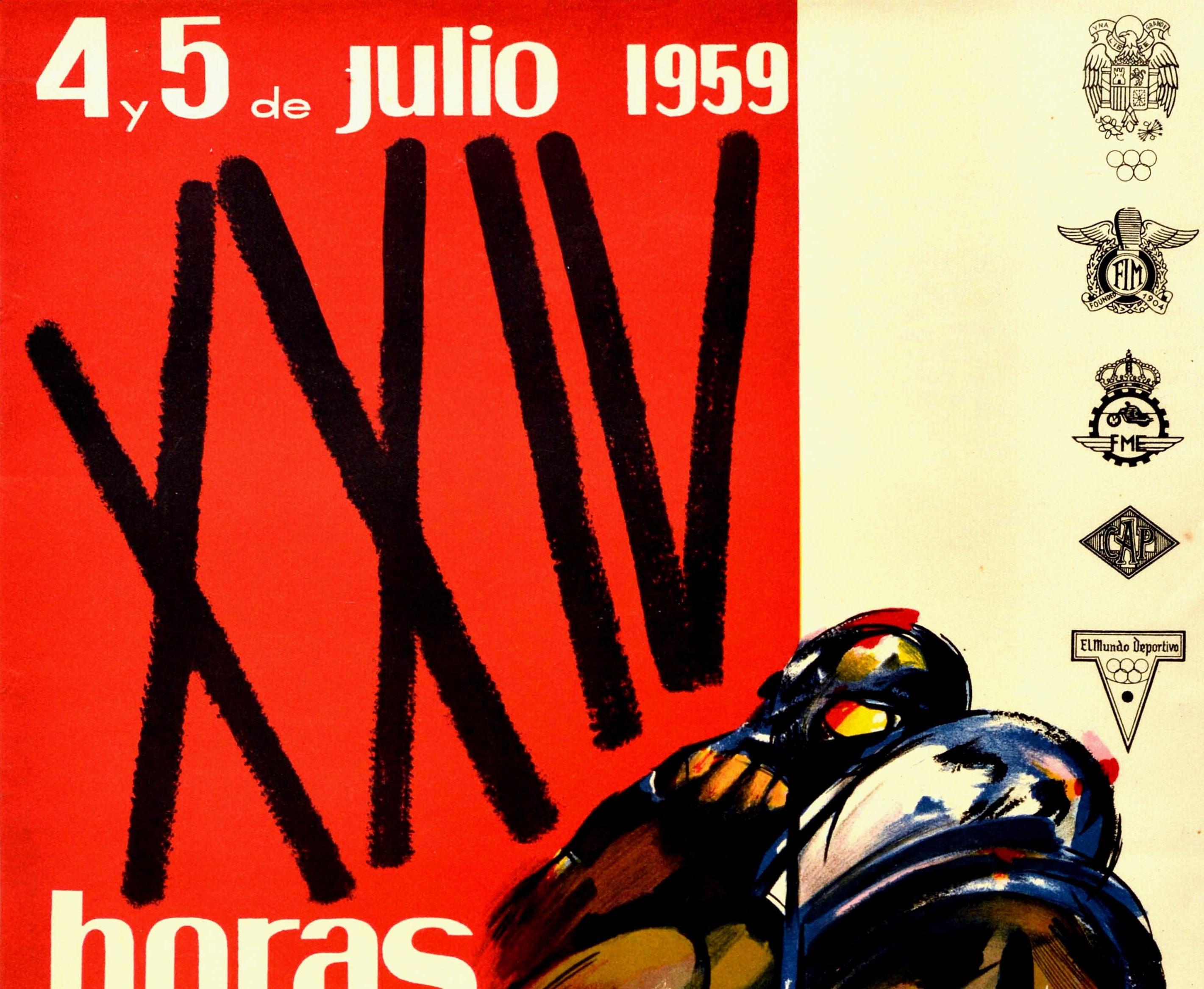 Affiche originale de sport automobile vintage pour les XXIV Horas Internacionales de Montjuich 4 et 5 juillet 1959 Pena Motorista Barcelona FIM FME PMB Pirelli / 24 Hour International Montjuic organisée par le club de moto de Barcelone. Le dessin