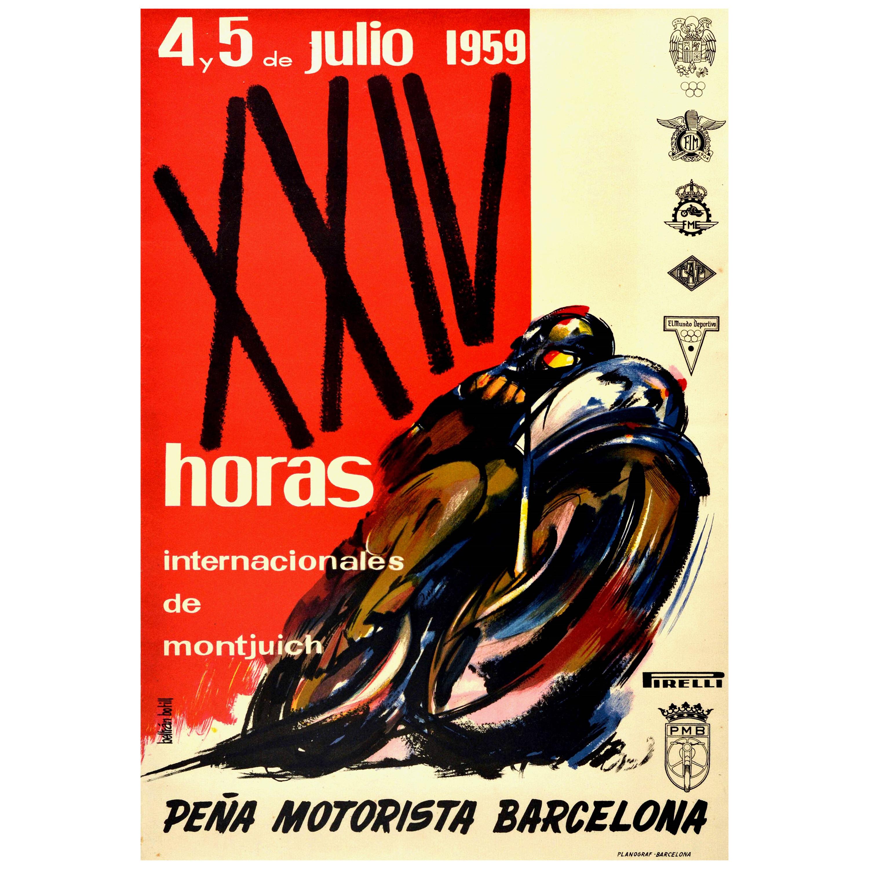 Affiche rétro originale, 24 heures de course de moto Montjuich, Grand Prix de Barcelone en vente