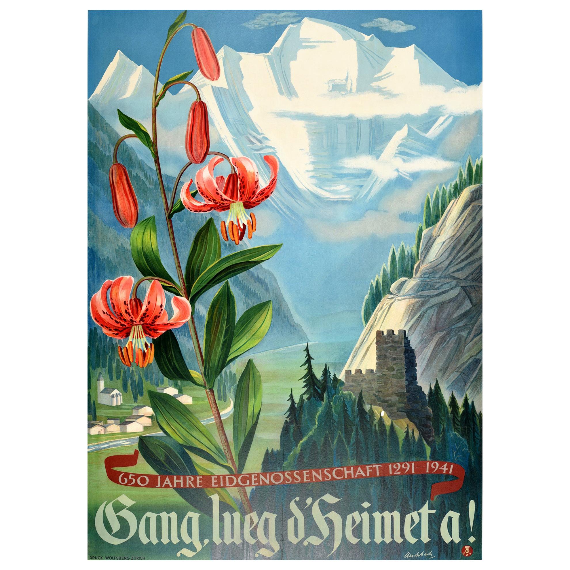 Original Vintage Poster 650 Years Swiss Confederation Mountain River Lily Flower